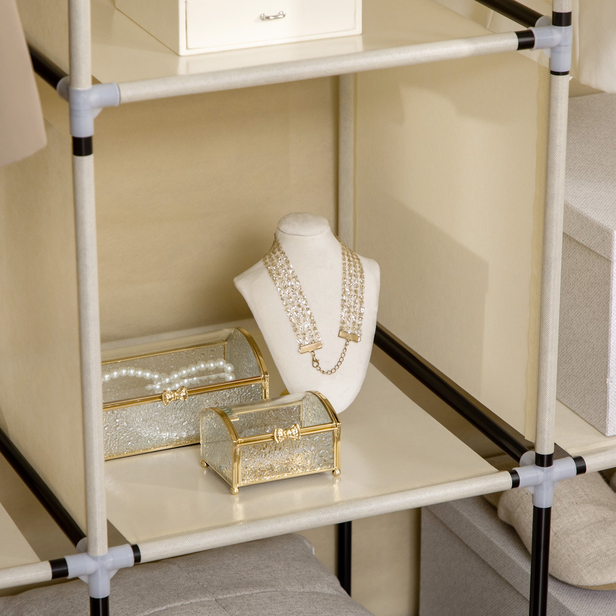 Kozy Fabric Wardrobe, with Rails and Shelves - Cream White