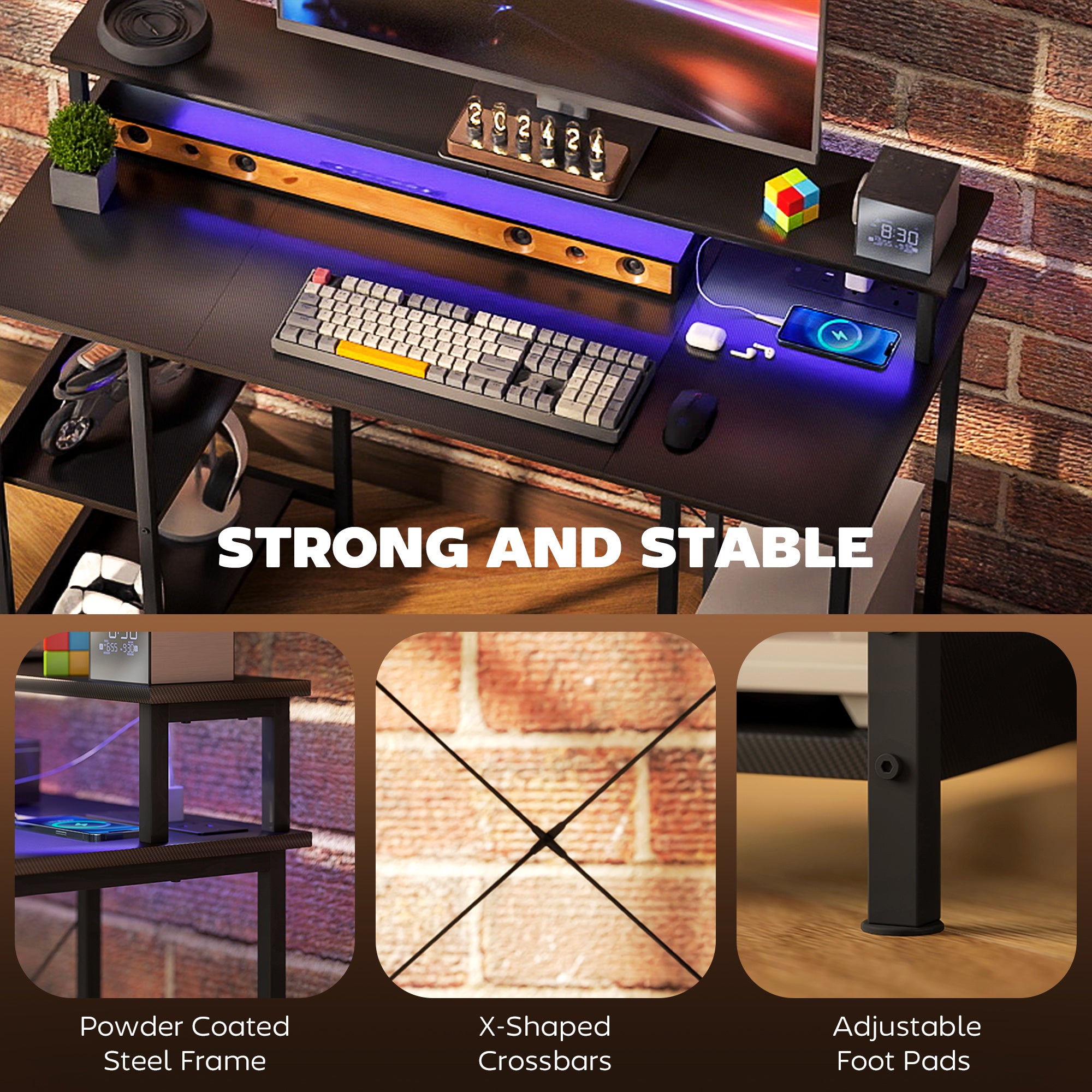 Kozy - LED Computer Desk, with Power Outlets and Shelves - Carbon Fibre Grey