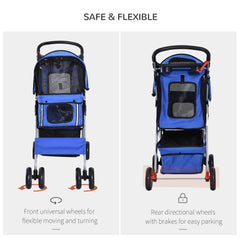 PawHut Dog Pushchair for Small Miniature Dogs Cats Foldable Travel Carriage with Wheels Zipper Entry Cup Holder Storage Basket Blue