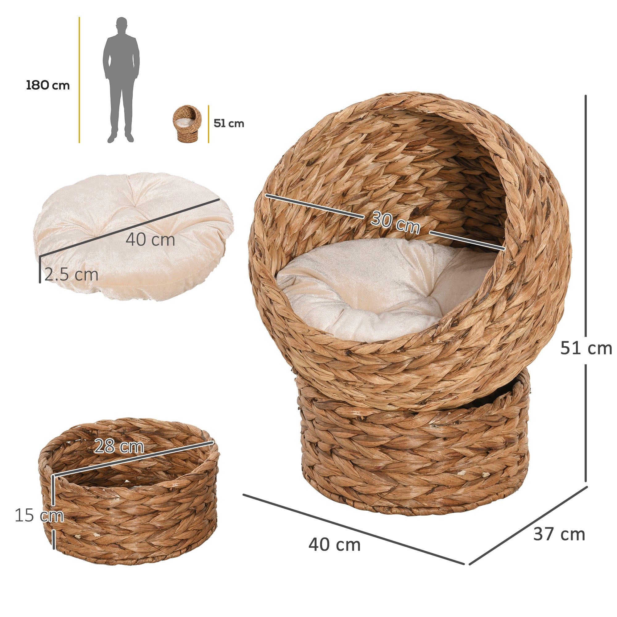 Kozy - Wicker Cat Bed, Raised Rattan Cat Basket with Cylindrical Base, Soft Washable Cushion, 40 x 37 x 51 cm - Brown