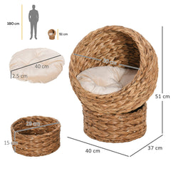 Kozy - Wicker Cat Bed, Raised Rattan Cat Basket with Cylindrical Base, Soft Washable Cushion, 40 x 37 x 51 cm - Brown