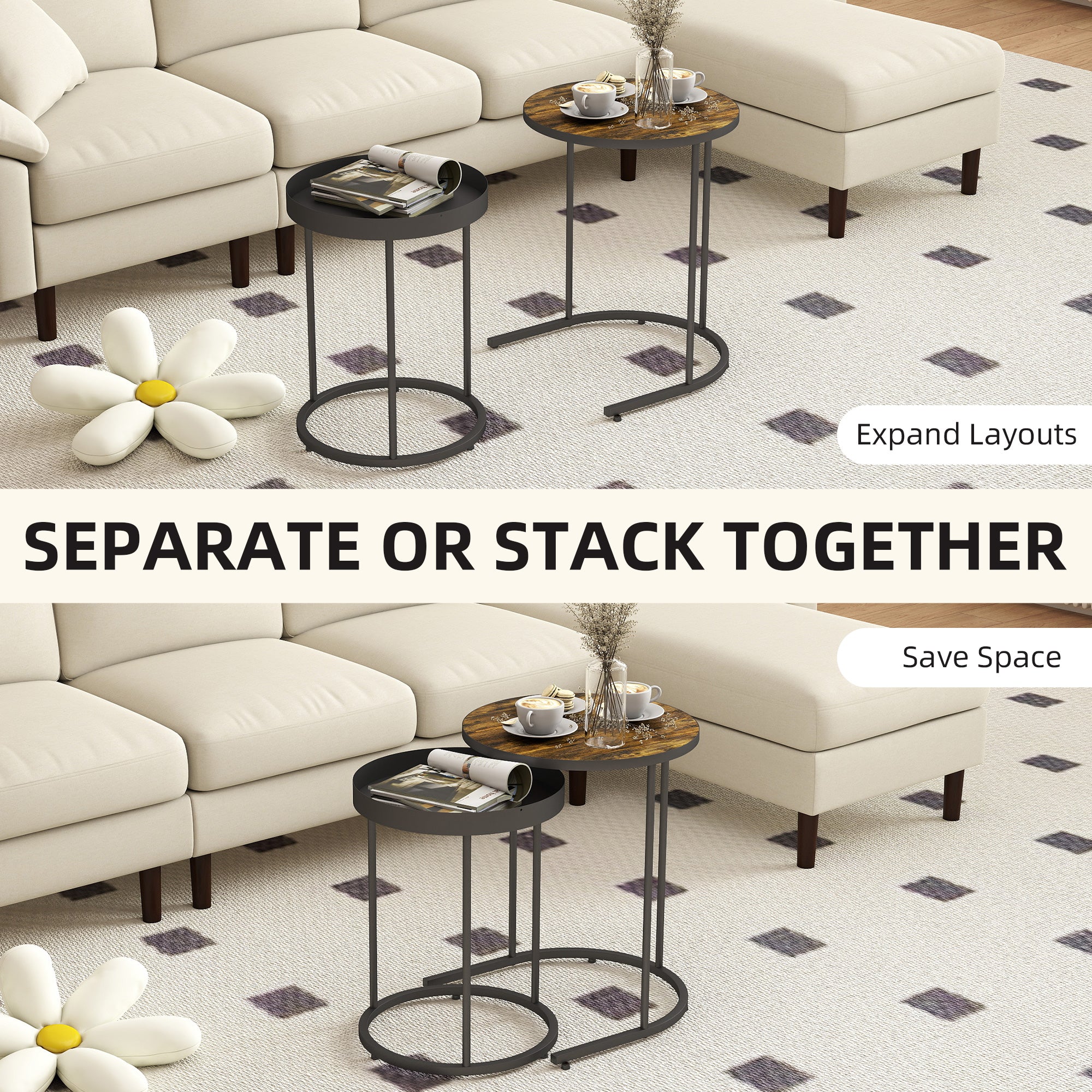 Kozy Round Nesting Side Table Set of 2 - Rustic Brown