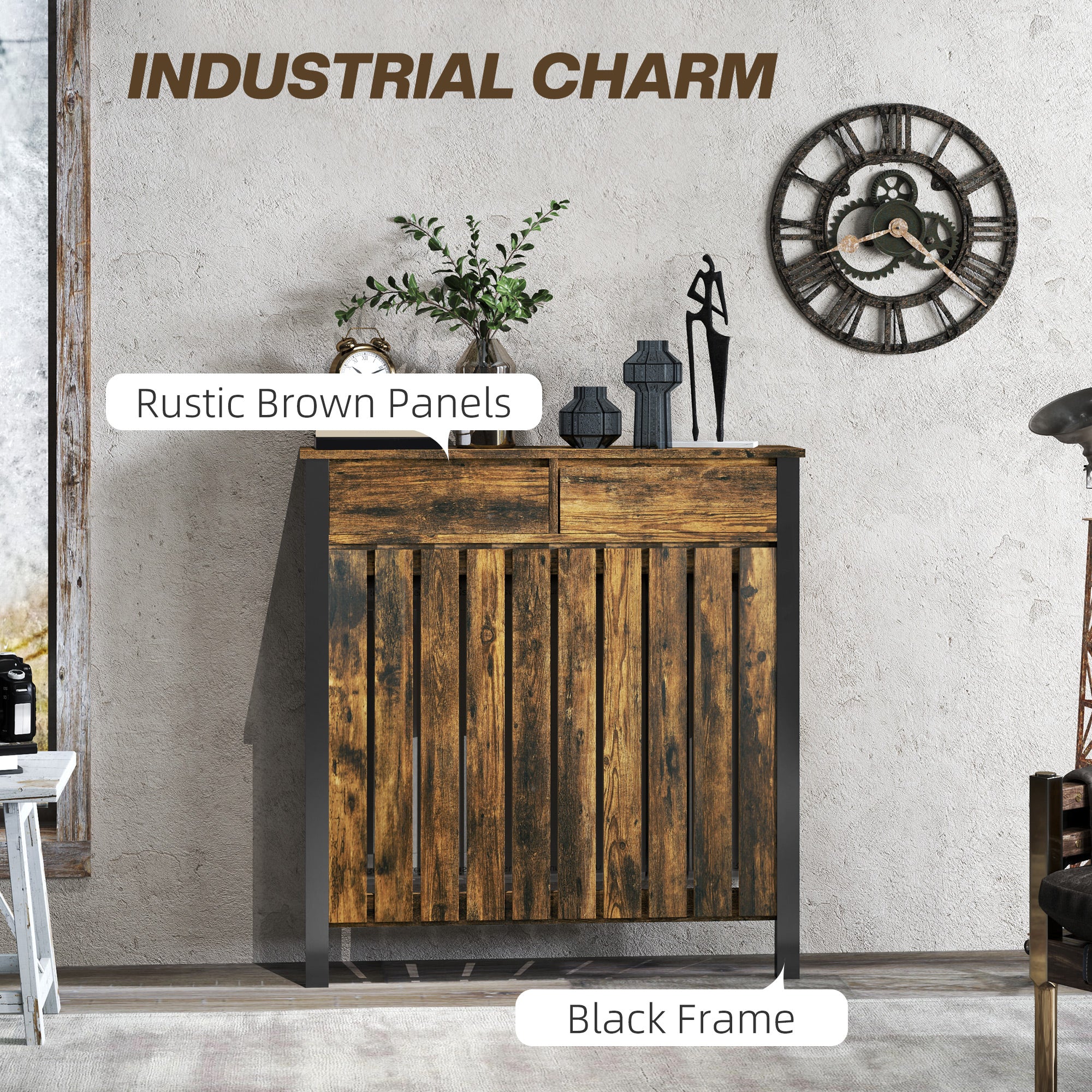 Kozy - 93 x 88.5cm Rustic-Look Radiator Cover - Brown/Black