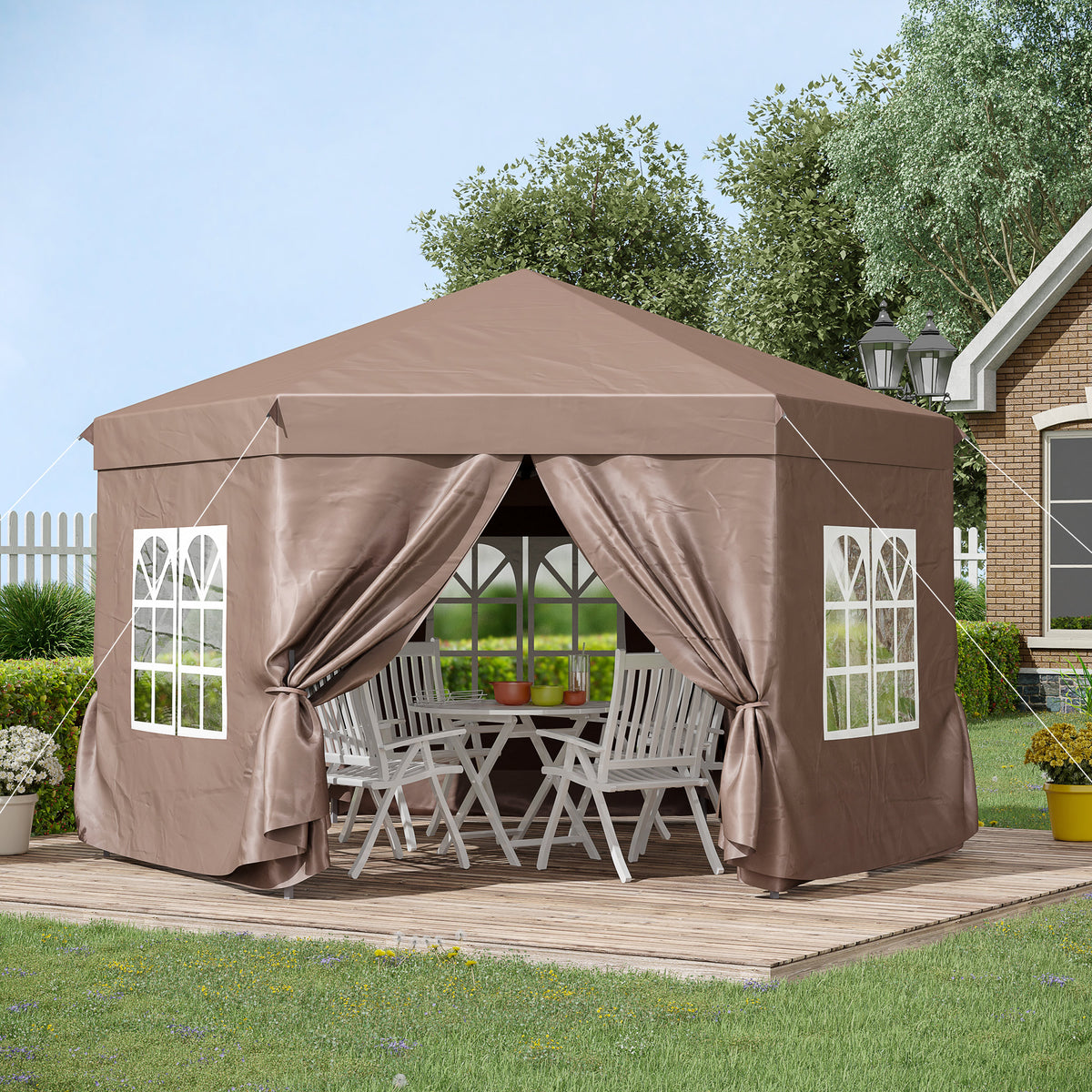 Outsunny 4m x 4m Hexagonal Metal Frame Garden Gazebo Brown