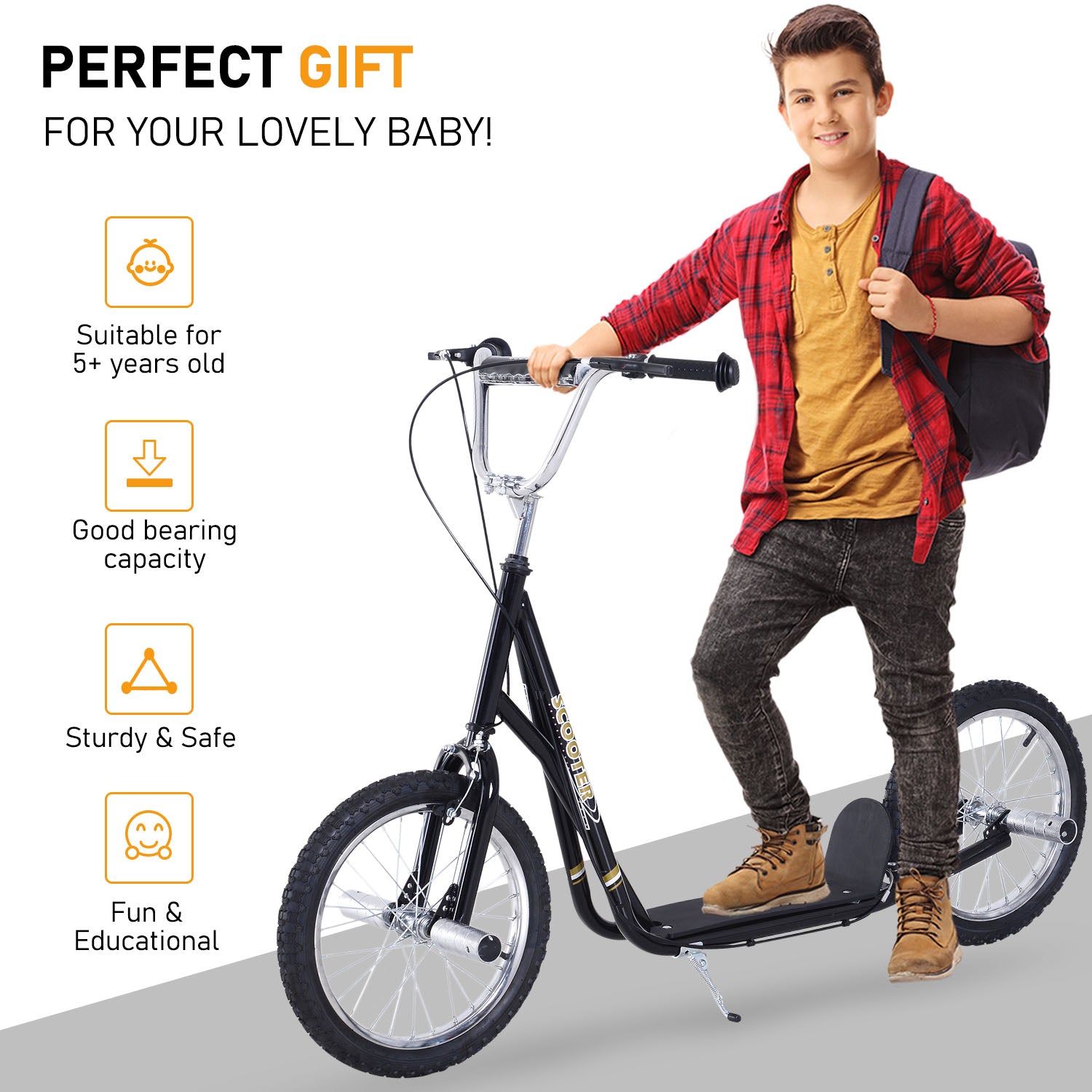 Kozy Stunt Scooter, Kids Scooter with 16" Big Wheels, Adjustable Height, Dual Brakes, for Ages 5+ Years, Black