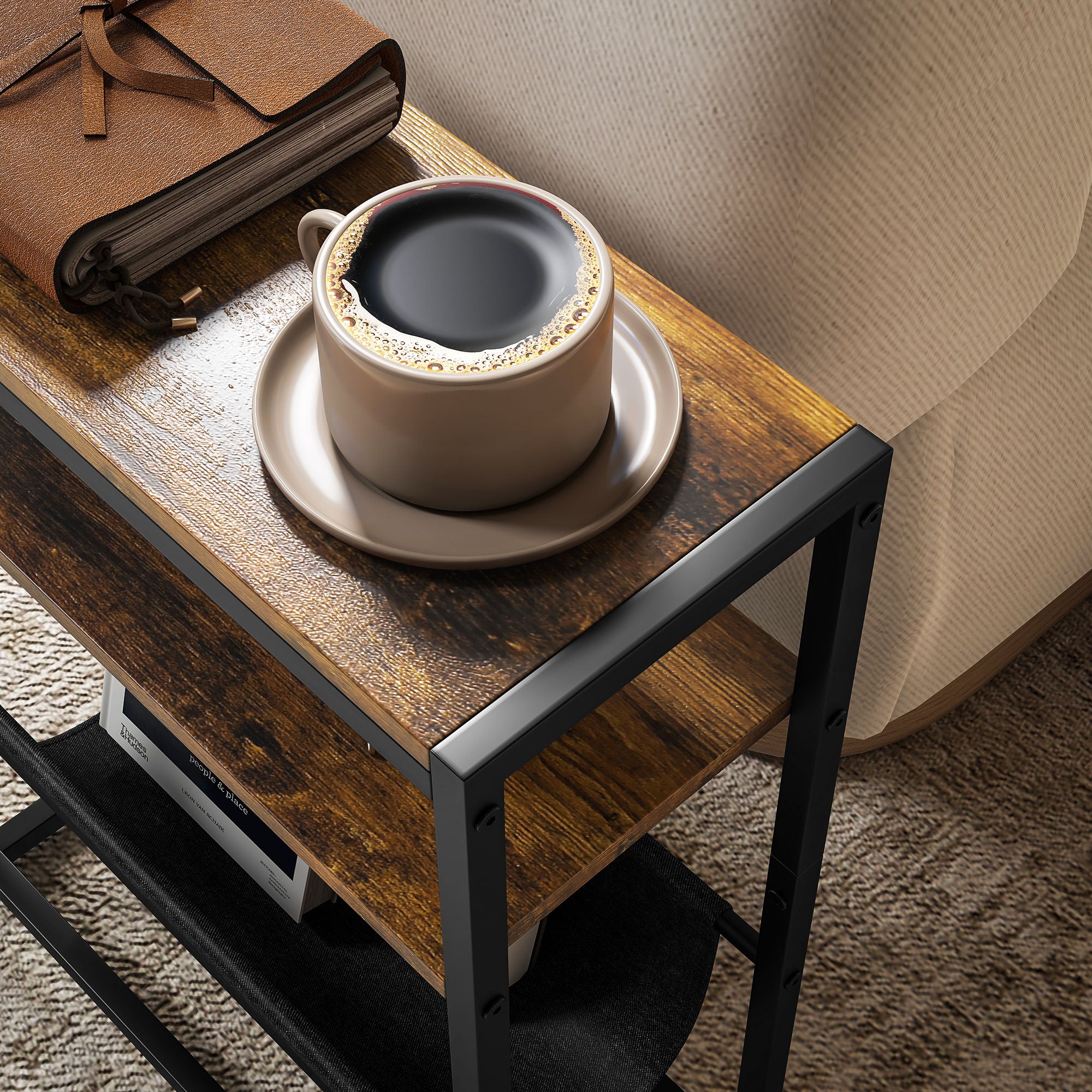 Kozy Narrow Side Table, End Table with 3-Tier Storage, V-Shaped Magazine Holder for Living Room, Bedroom, 43 x 18 x 56 cm, Ru