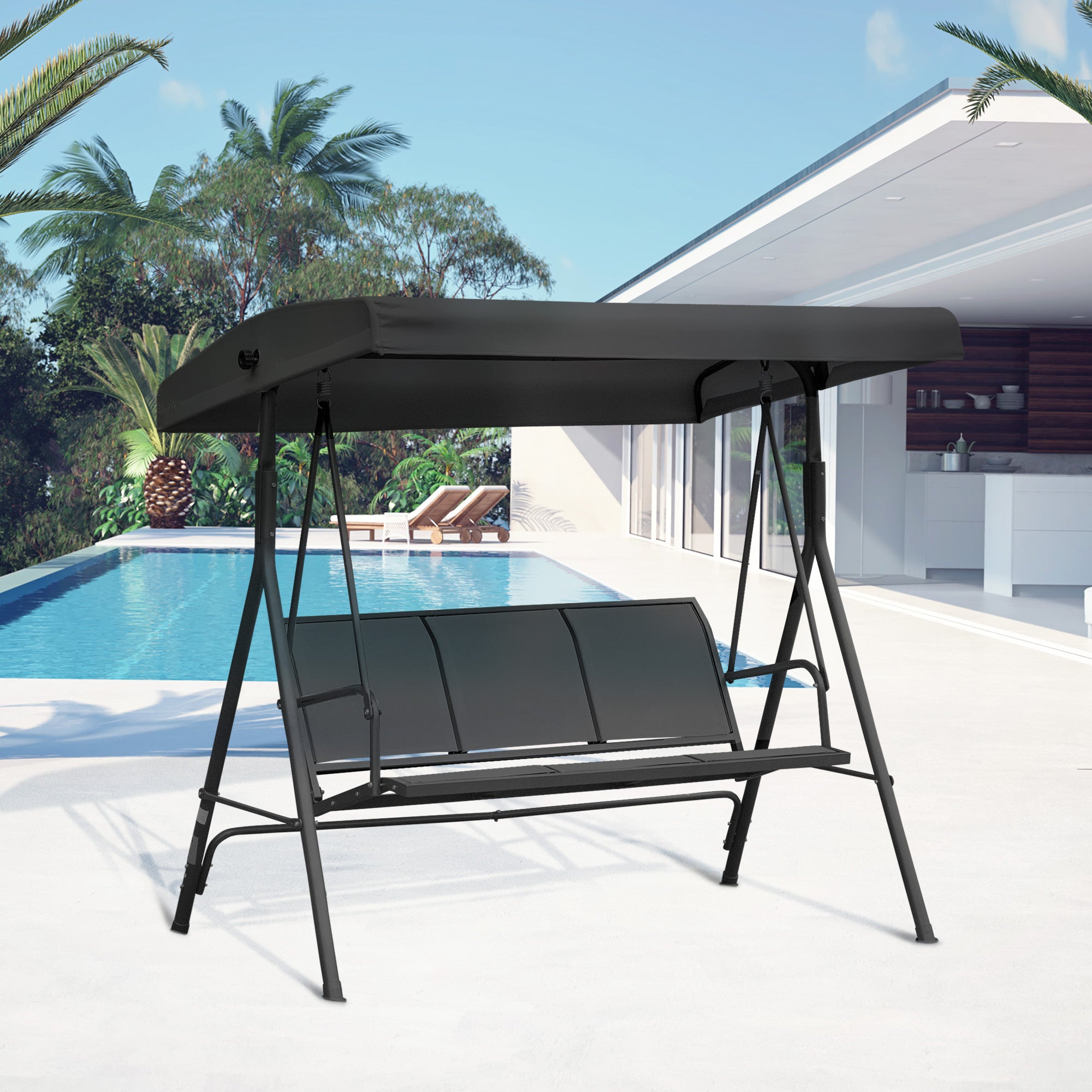 Kozy Three-Seater Garden Swing Chair, with Canopy - Black