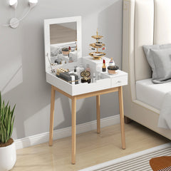 Kozy Dressing Table with Flip-up Mirror, Makeup Desk with 2 Drawers and Pine Wood Legs, Vanity Table Writing Desk for Bedroom Living Room, White