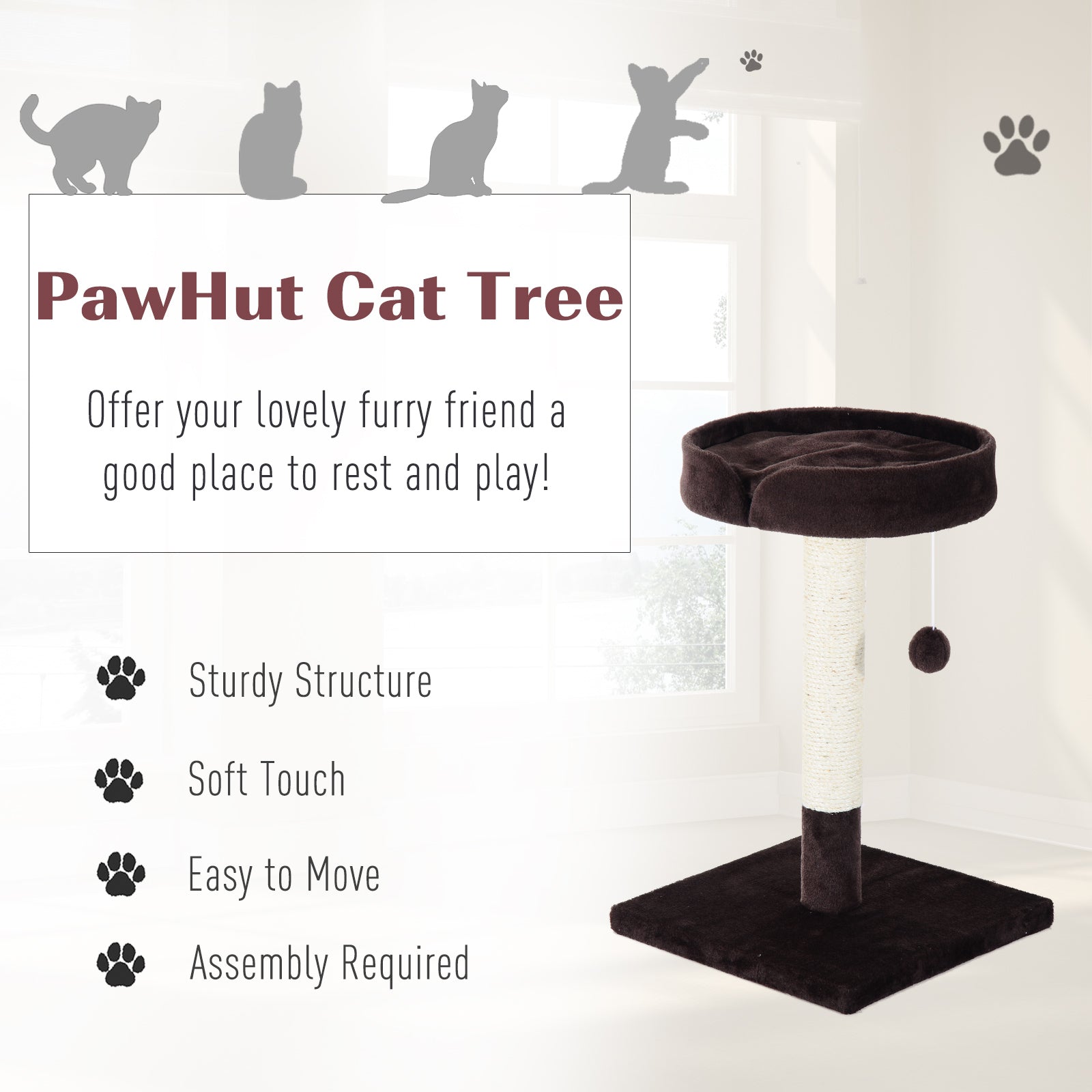 PawHut Cat Tree Scratching Post Furniture Pet Play Area Activity Center Kitten Climbers Climbing Exercise w/ Hanging Toy & Cushion