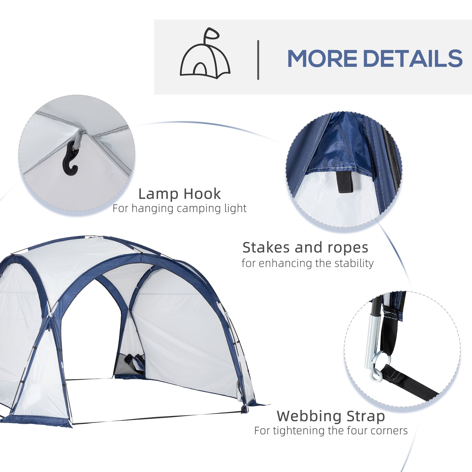 Kozy Dome Tent for 6-8 Person, Camping Tent with 4 Zipped Mesh Doors, Removable Oxford Cloth, Lamp Hook, Portable Carry Bag, White and Blue