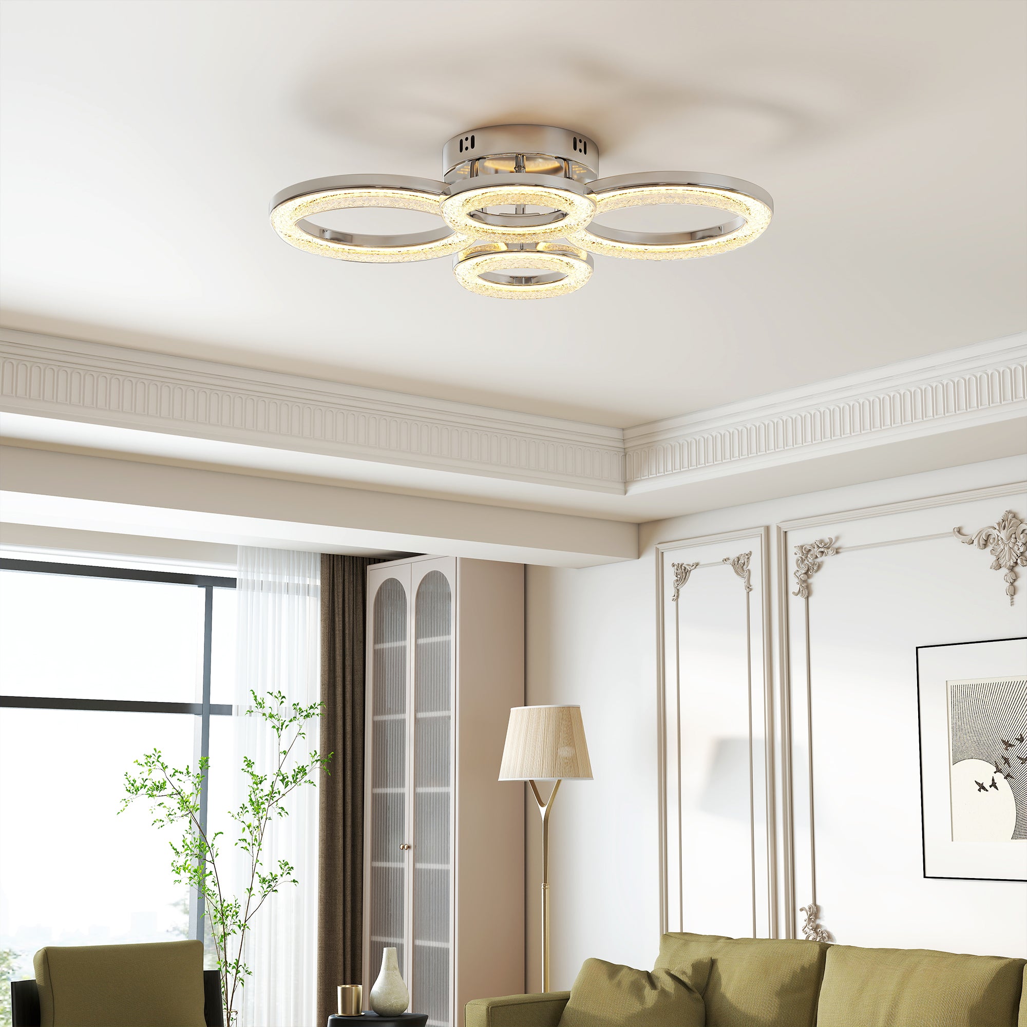 Kozy - LED Ceiling Light, Modern 4 Rings Ceiling Lamp with Wall Switch Control, 40W 4350lm Flush Mount Ceiling Light with 3500K/4500K/6000K Colour Temperatures for Living Room, Bedroom, Silver Tone