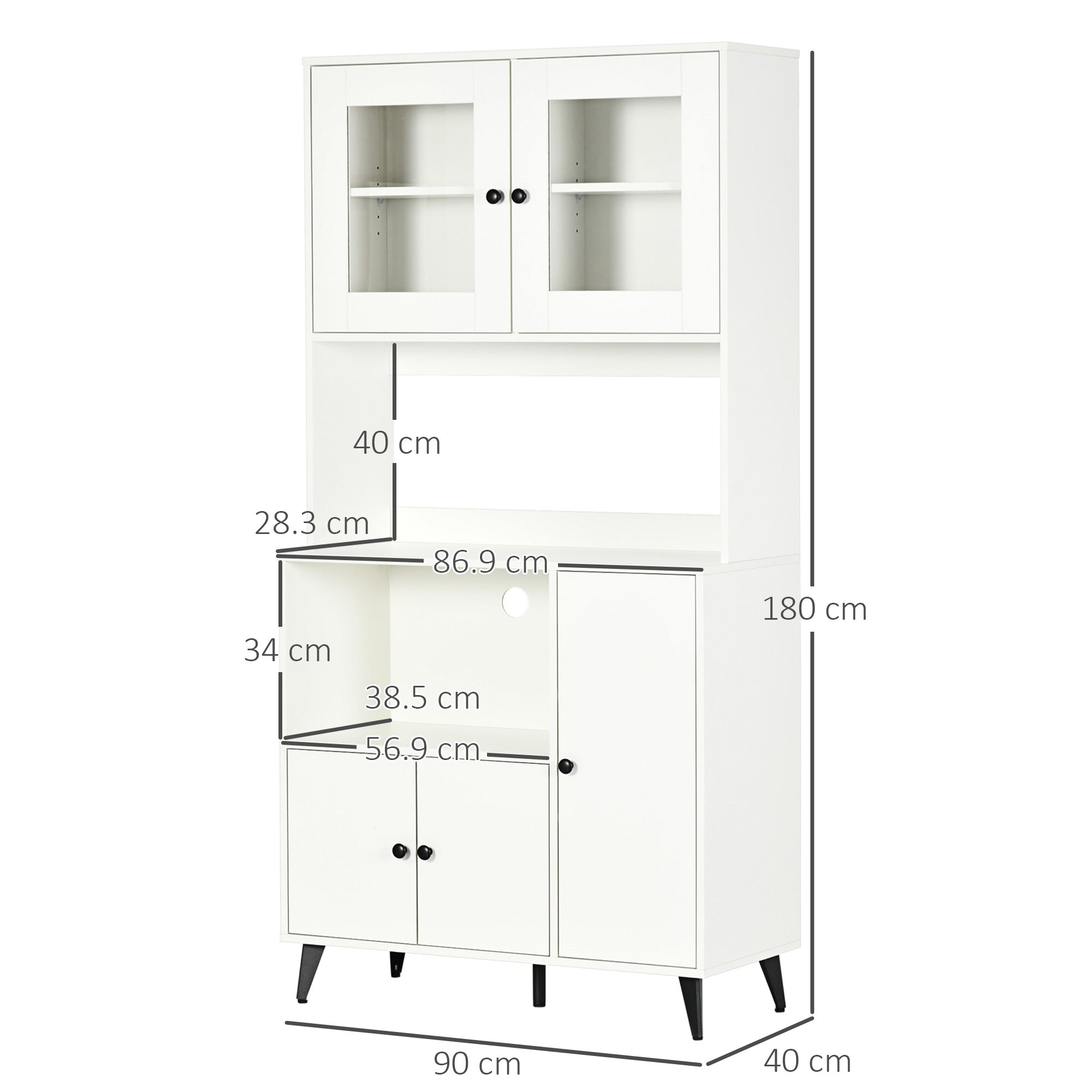 Kozy Freestanding Kitchen Cupboard, Modern Kitchen Storage Cabinet with Doors and Adjustable Shelves, 180cm, White