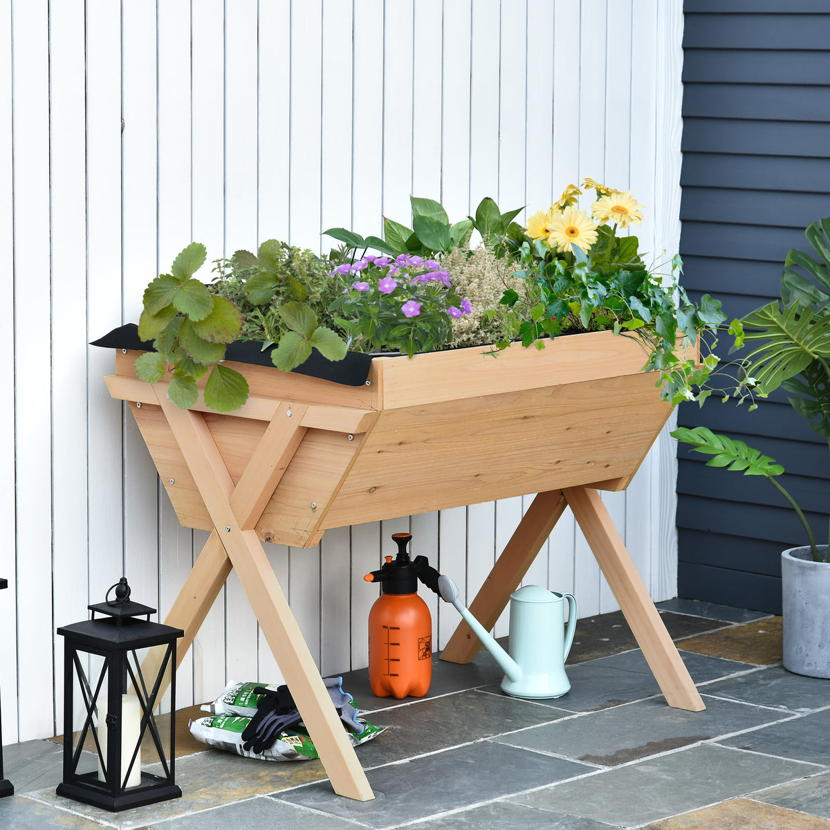 Outsunny Wooden Planter Raised Bed Container Garden Plant Stand Vegetable Flower Box with Liner 100 L x 70 W x 80 H cm