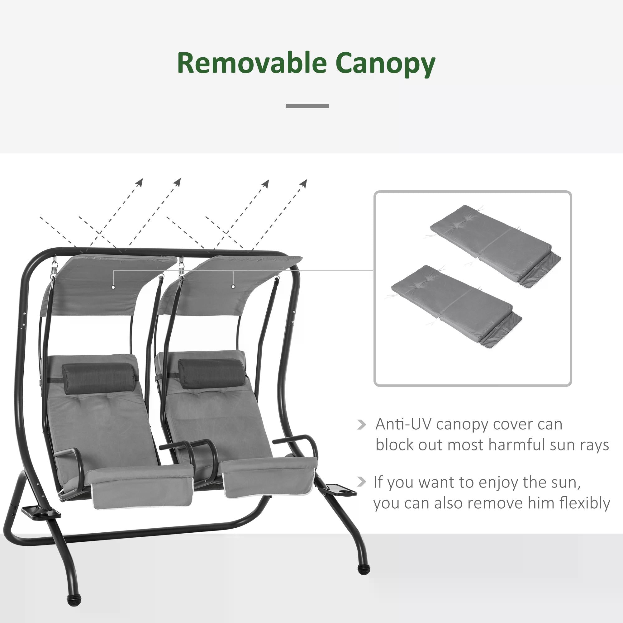 Kozy Canopy Swing 2 Separate Relax Chairs w/ Handrails and Removable Canopy Grey