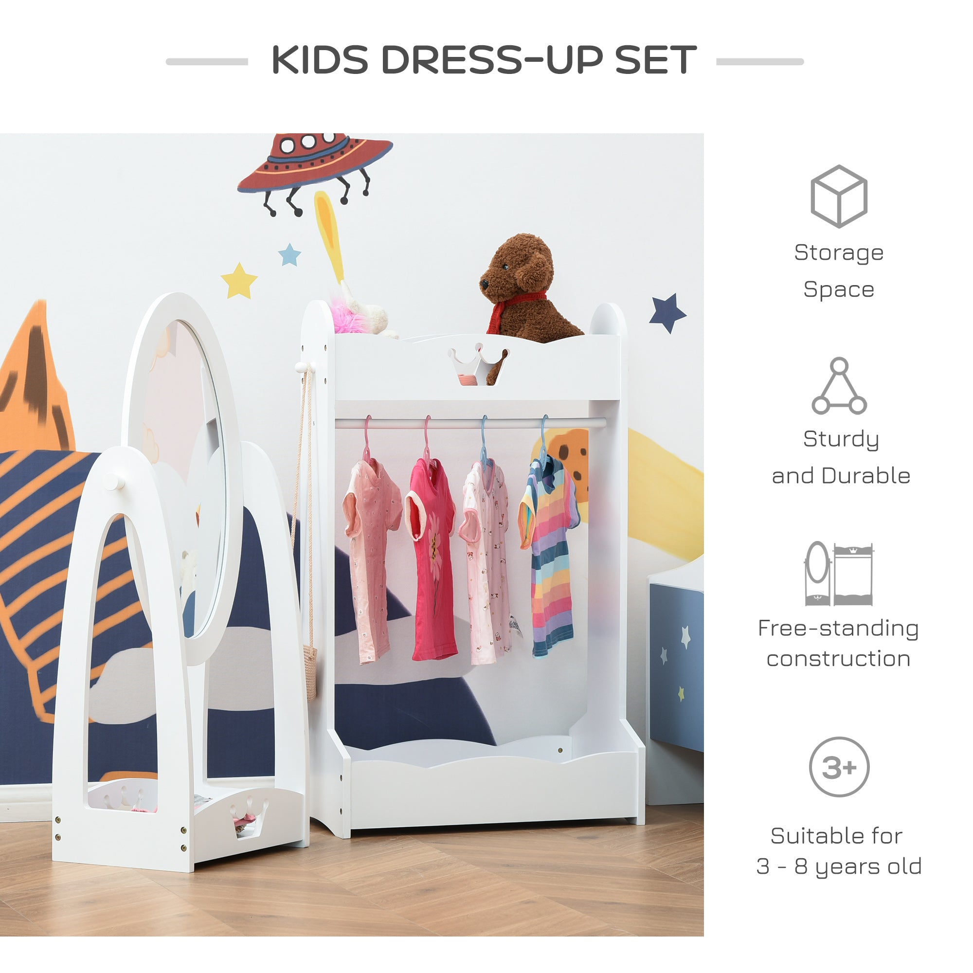 Kozy Kids Clothes Rail and Mirror Set 360° Rotation Free Standing Full Length Mirror and Hanging Rack with Storage Shelves Child's Dressing Mirror Garment Wardrobe White