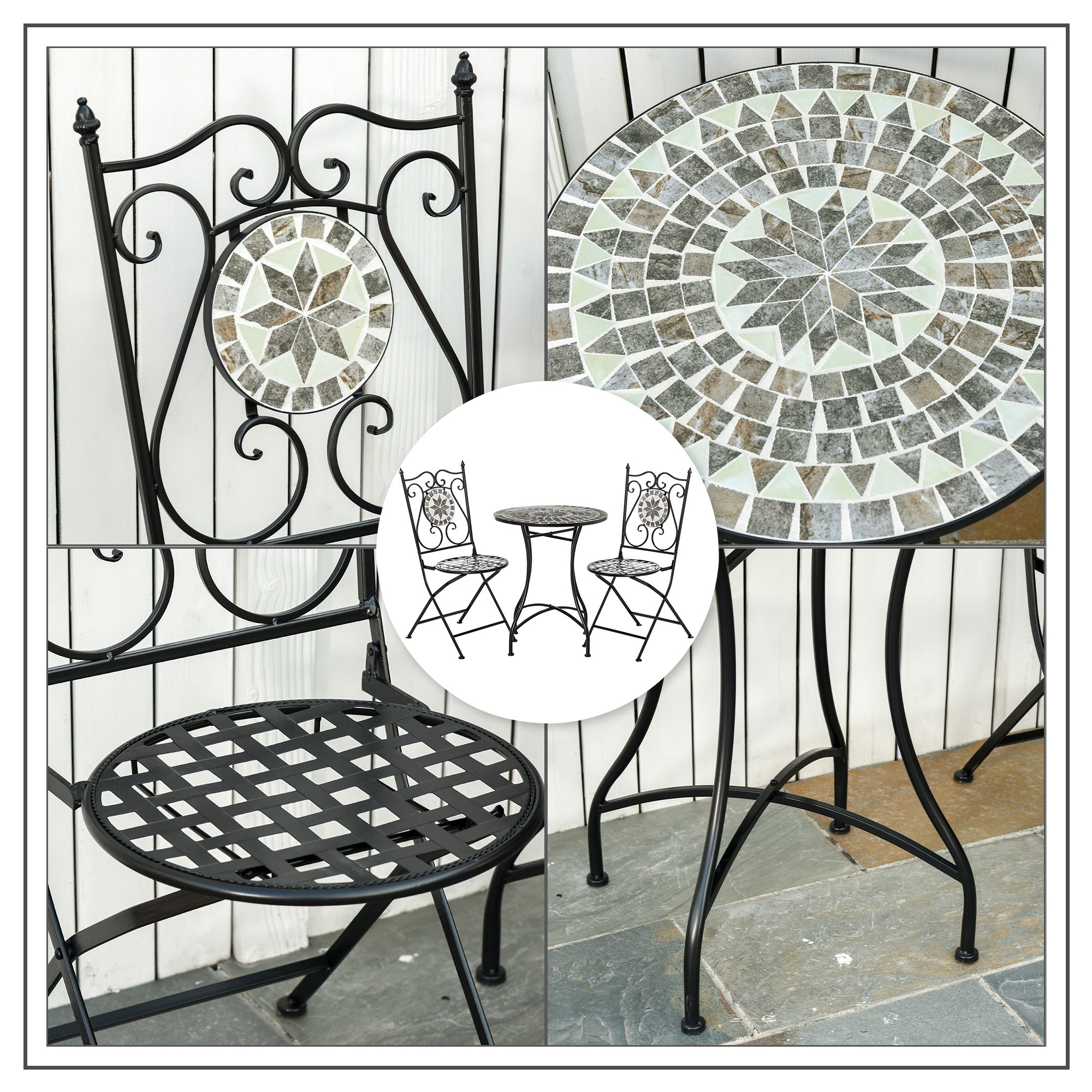 Kozy 3 Pcs Mosaic Tile Garden Bistro Set Outdoor Seating w/ Table 2 Folding Chairs Set Metal Frame Elegant Scrolling Indoor Patio Balcony