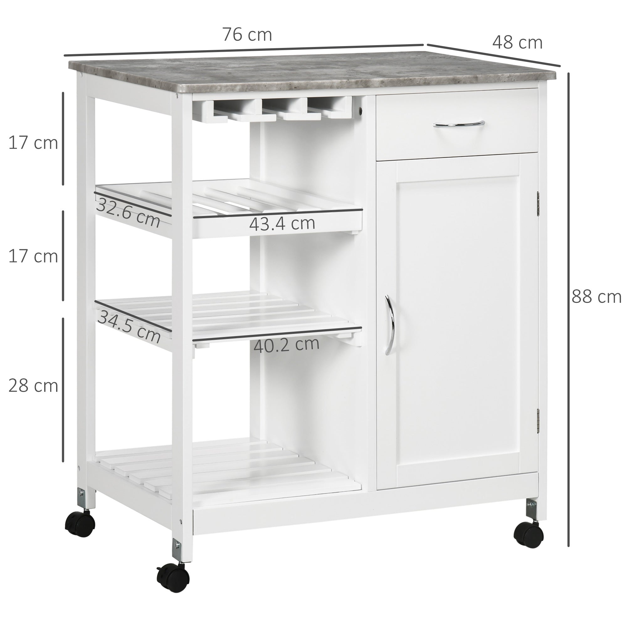 Kozy Compact Kitchen Trolley Utility Cart on Wheels with Wine Rack, Drawer, Open Shelf and Storage Cabinet for Dining Room, White