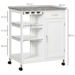 Kozy Compact Kitchen Trolley Utility Cart on Wheels with Wine Rack, Drawer, Open Shelf and Storage Cabinet for Dining Room, White