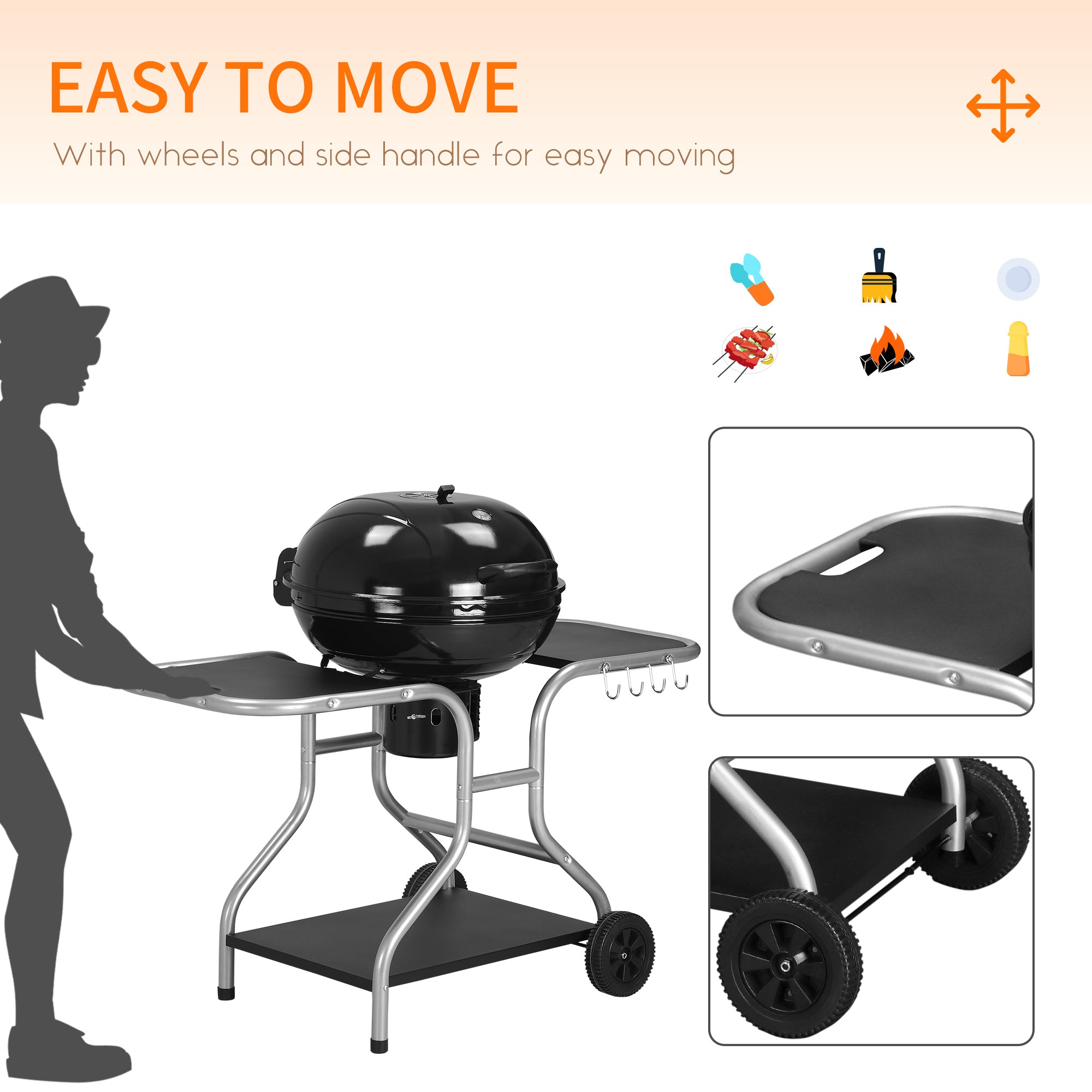 Kozy Portable Charcoal Kettle Grill Outdoor Barbecue Trolley BBQ Heat Smoker Grilling with 2 Wheels, Storage Shelf and 4 Hooks, Free Standing, Black