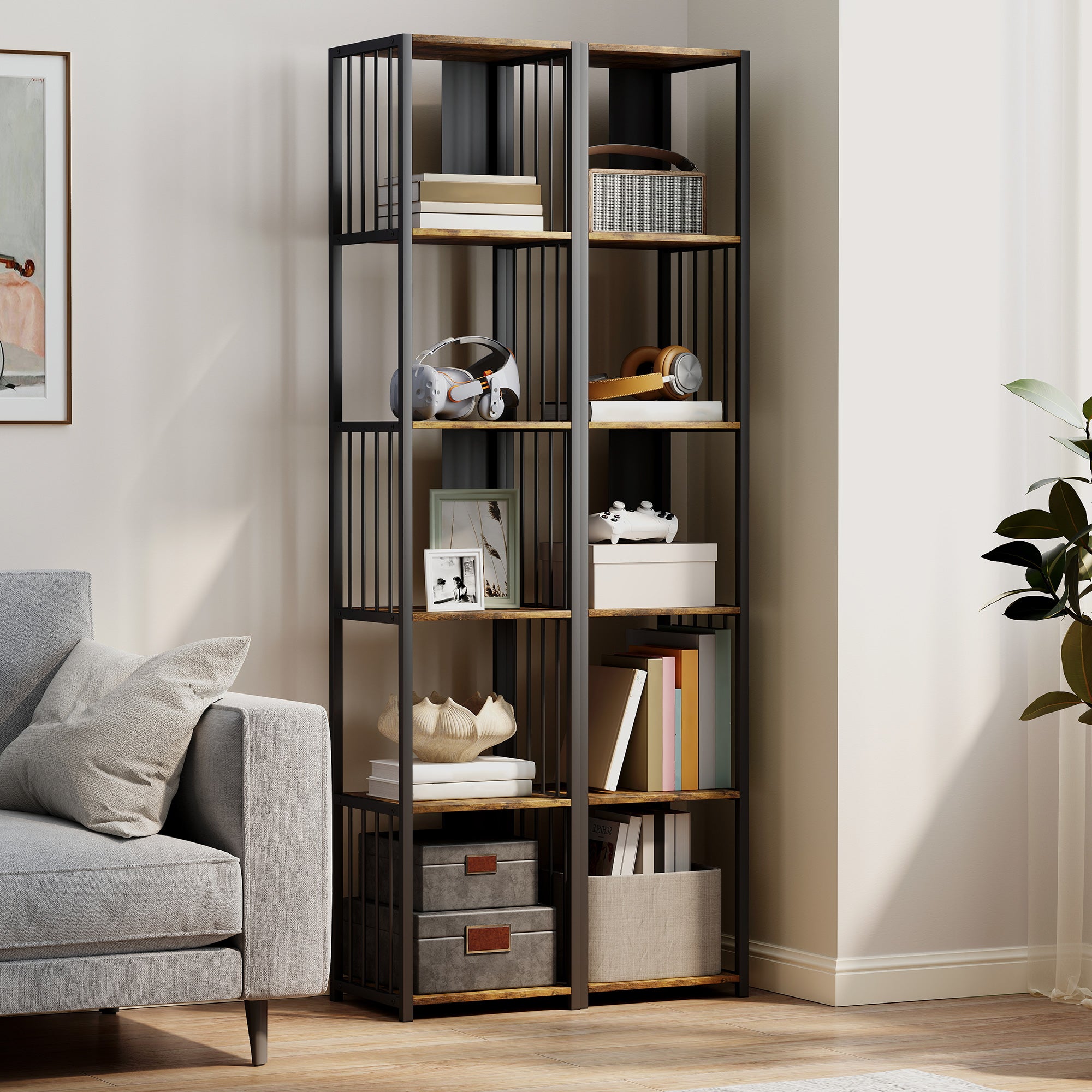 Kozy - 5-Tier Bookshelf with Steel Frame - Rustic Brown