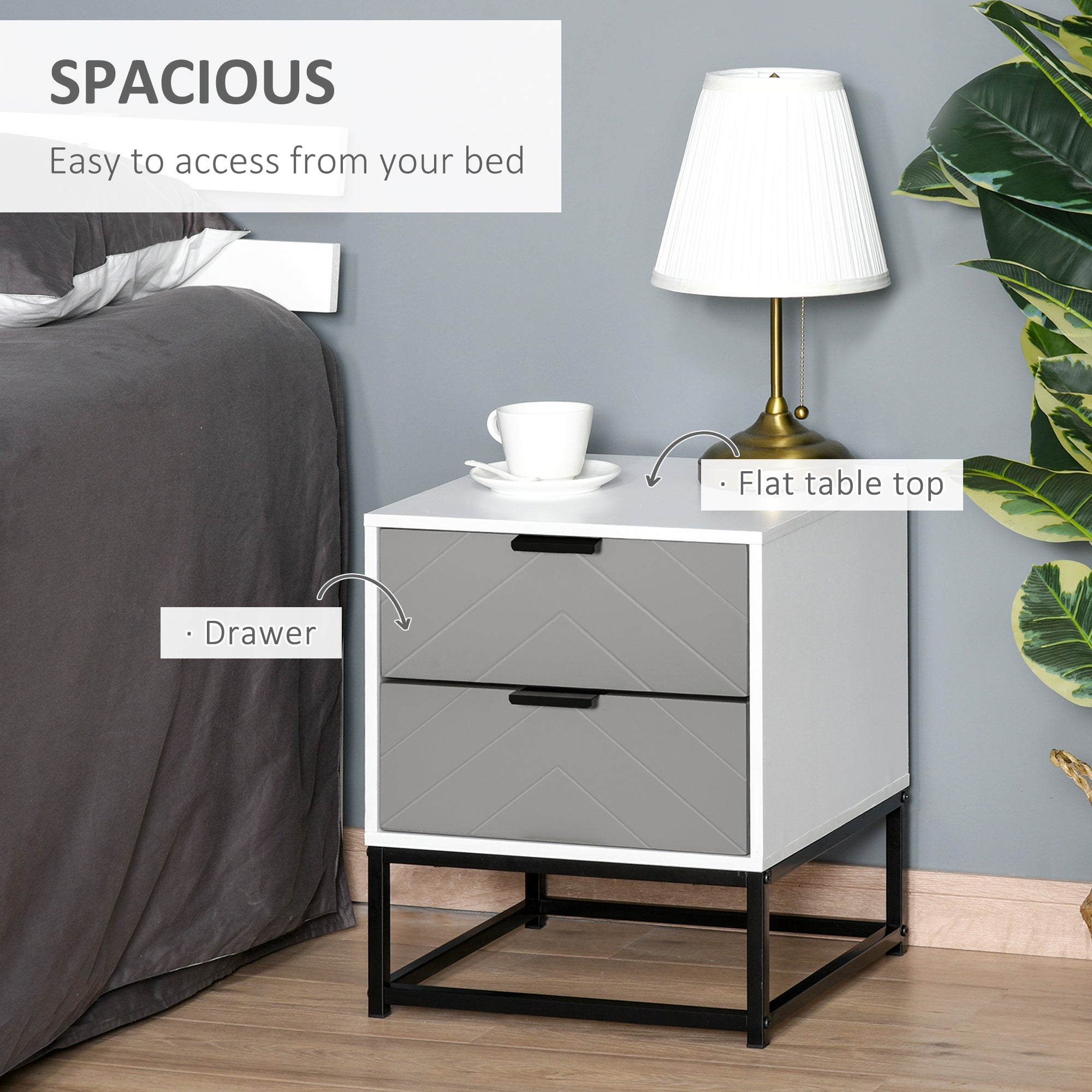 Kozy Bedside Cabinet with 2 Drawer Storage Unit, Unique Shape Bedroom Table Nightstand with Metal Base, for Living Room, Study Room, Dorm