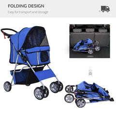 PawHut Dog Pushchair for Small Miniature Dogs Cats Foldable Travel Carriage with Wheels Zipper Entry Cup Holder Storage Basket Blue