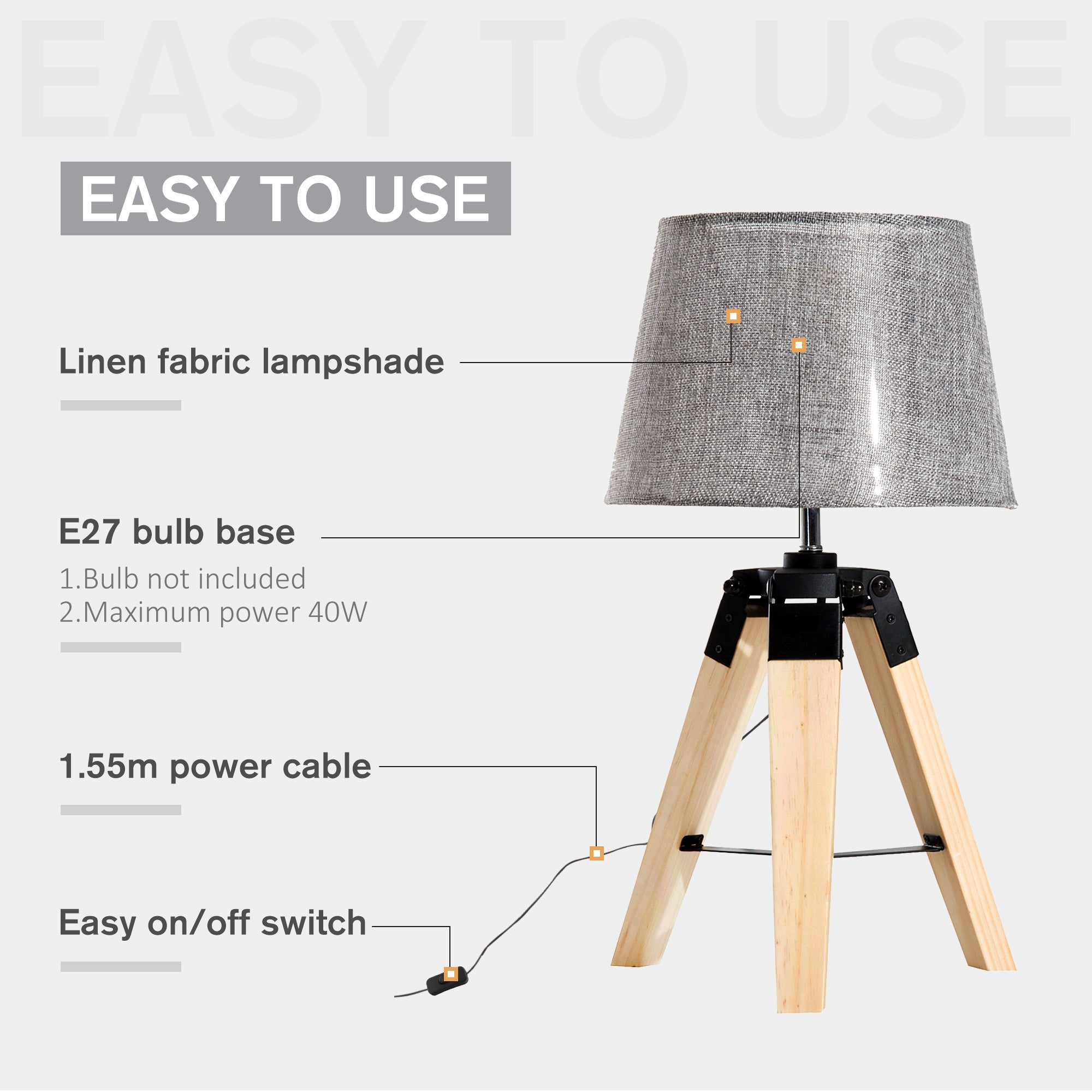 Kozy Wooden Tripod Table Lamp for Side, Desk or End Table with E27 Bulb Base（Grey Shade）
