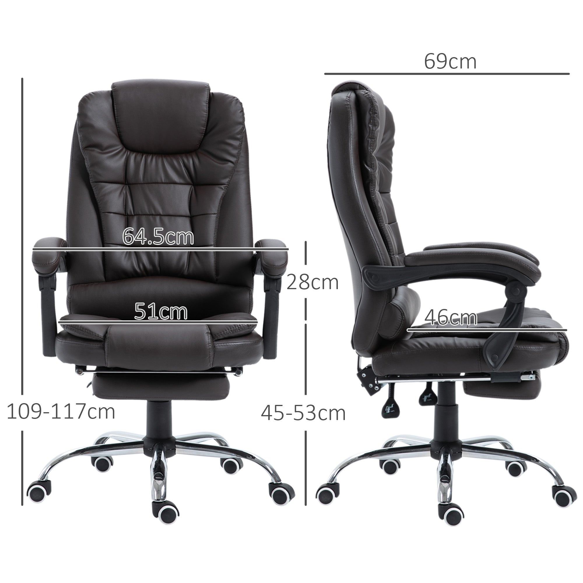 HOMCOM PU Leather Executive Office Chair, High Back Swivel Chair with Retractable Footrest, Adjustable Height, Reclining Function, Brown | Aosom UK