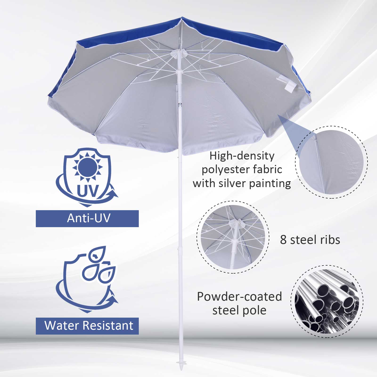 Outsunny Tilted Beach Parasol, 1.7m x 2m, with Steel Frame for UV Protection, Easy to Adjust, Blue