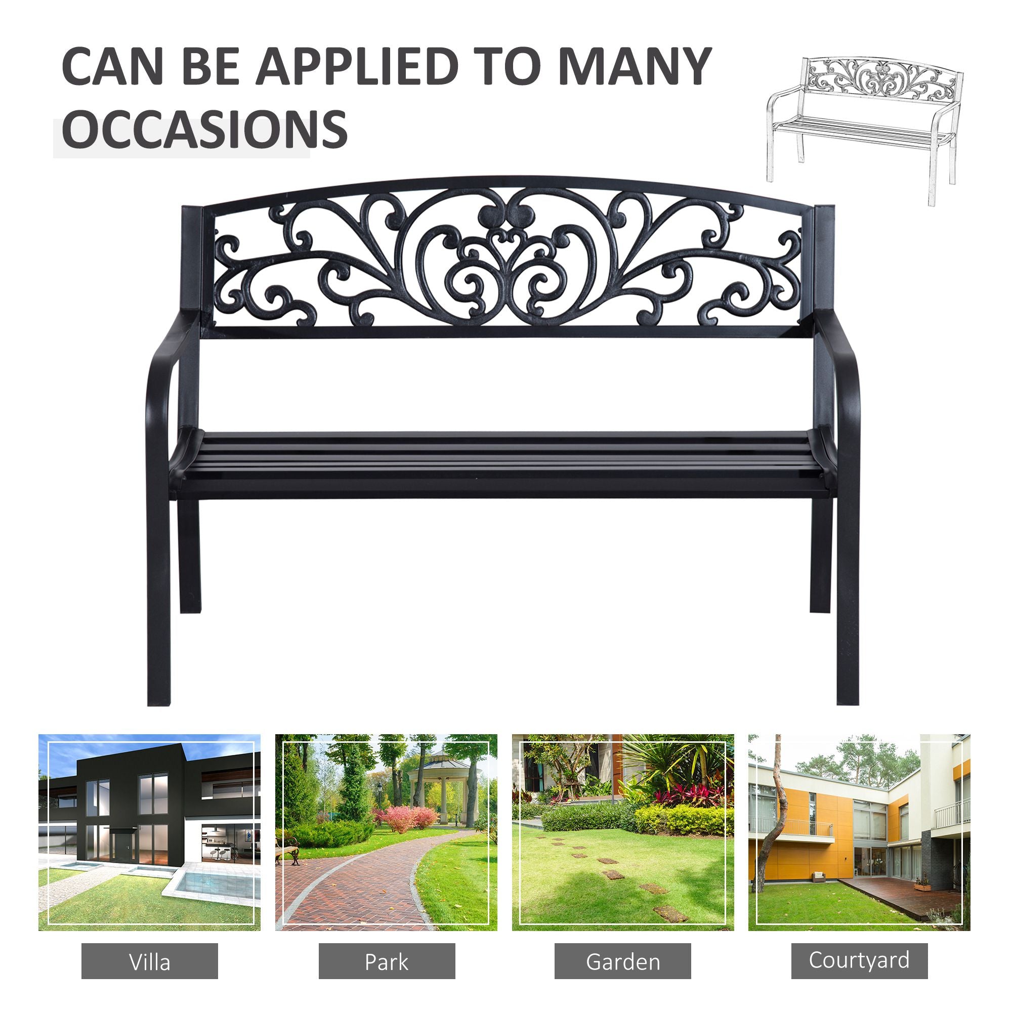 Outsunny 2 Seater Metal Garden Park Bench Porch Outdoor Furniture Patio Chair Seat Black