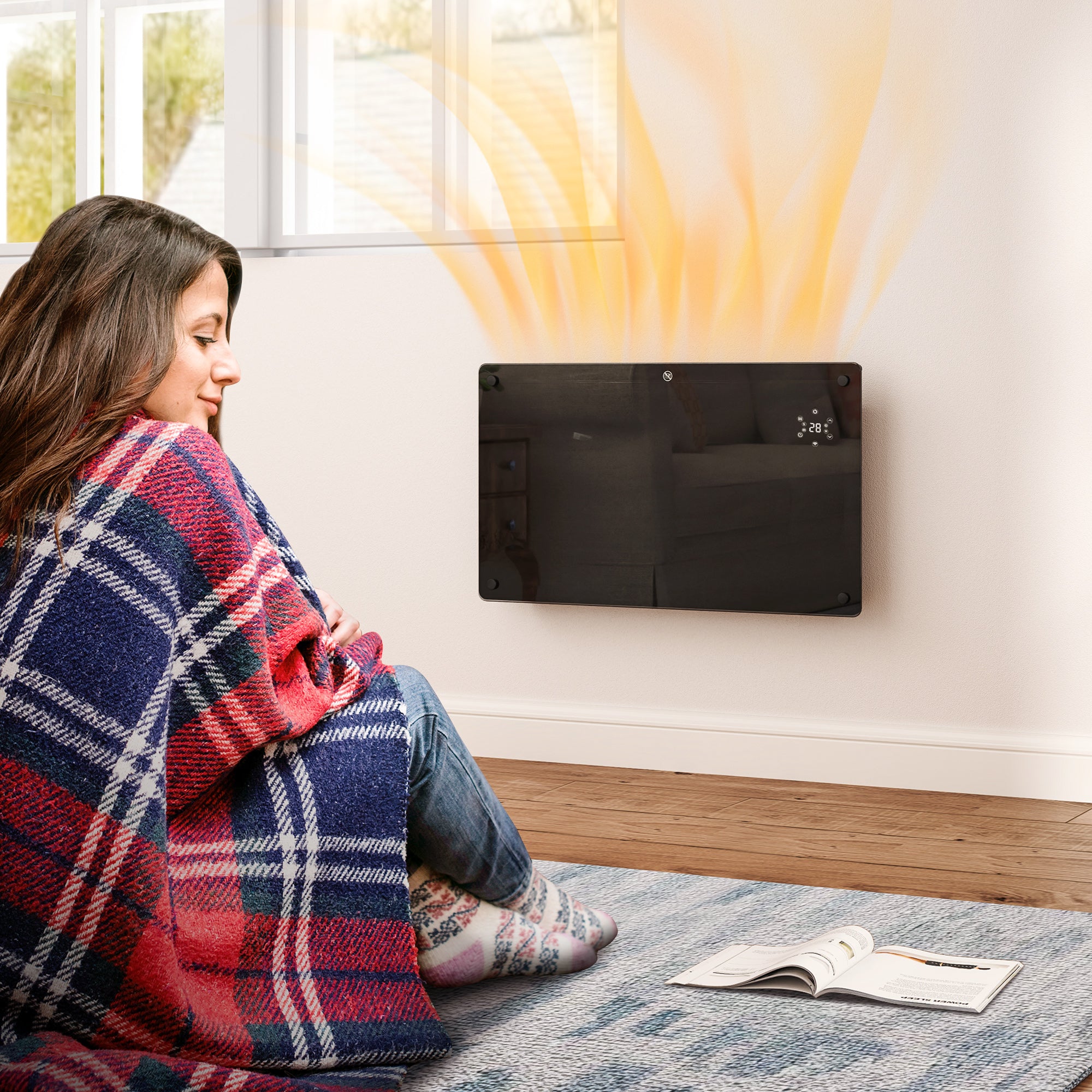 Kozy - Electric Heater Wifi Smart App, 1500W Glass Panel Heater Radiator, Freestanding or Wall Mounted Convector Space Heater with LED Display, 24Hr 7 Day Timer, Adjustable Thermostat, Remote Control
