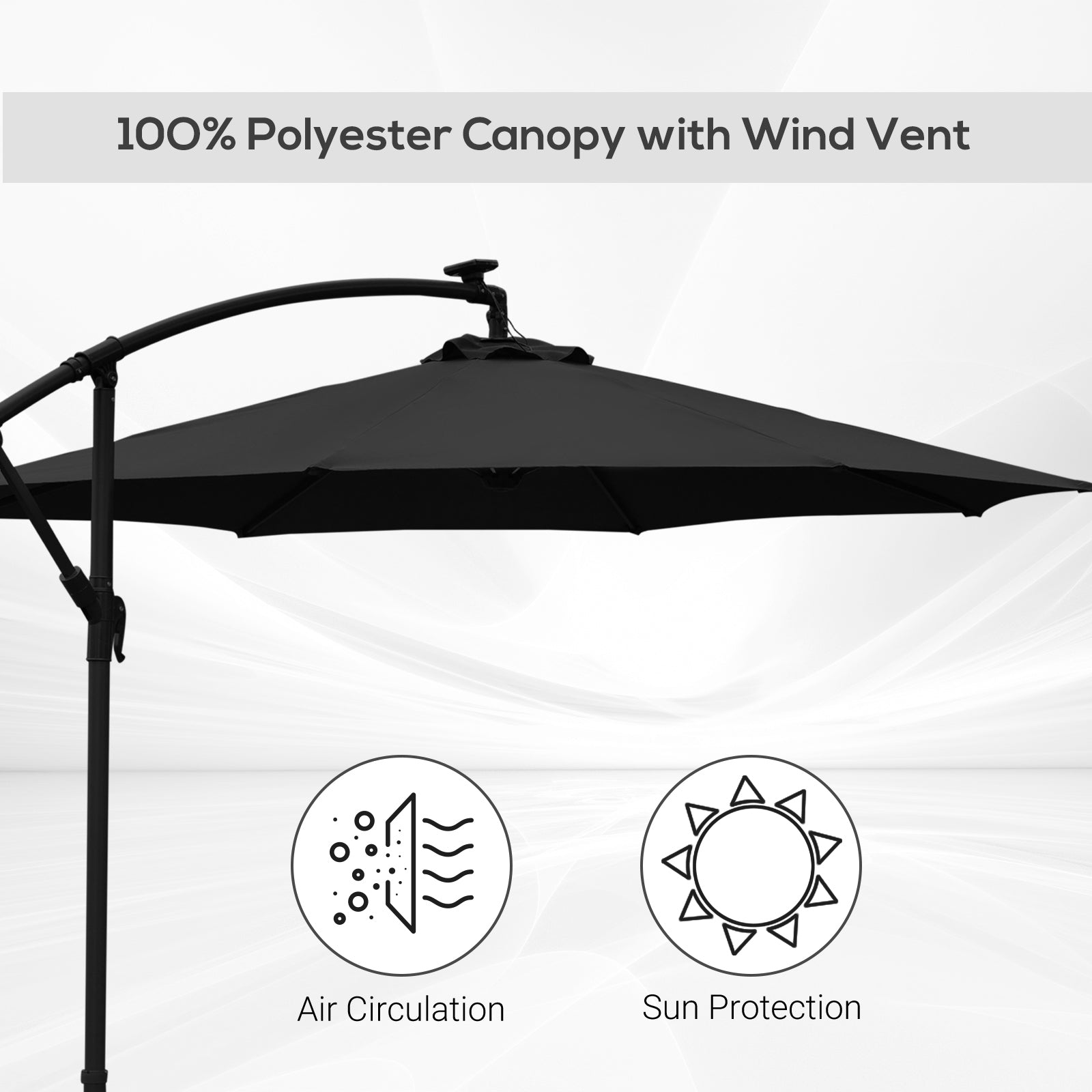 Kozy 3m LED Patio Banana Umbrella Cantilever Parasol w/ Crank Cross Base Hanging Offset Umbrella Frame Steel  Aluminium Garden Table Outdoor Black