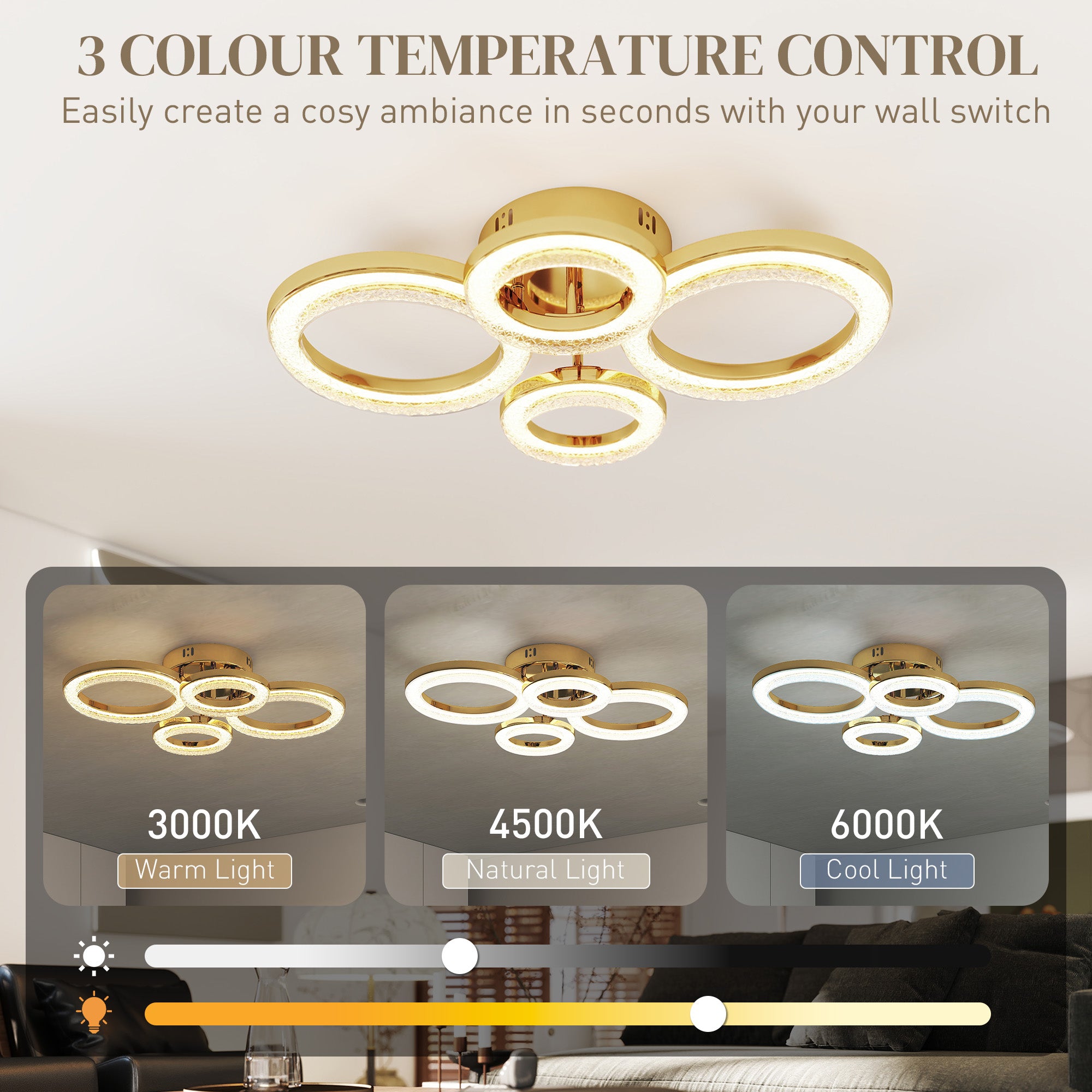 Kozy LED Ceiling Light, Modern 4 Rings Ceiling Lamp with Wall Switch Control, 40W 4350lm Flush Mount Ceiling Light with 3500K/4500K/6000K Colour Temperatures for Living Room, Bedroom, Gold Tone