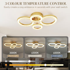 Kozy LED Ceiling Light, Modern 4 Rings Ceiling Lamp with Wall Switch Control, 40W 4350lm Flush Mount Ceiling Light with 3500K/4500K/6000K Colour Temperatures for Living Room, Bedroom, Gold Tone