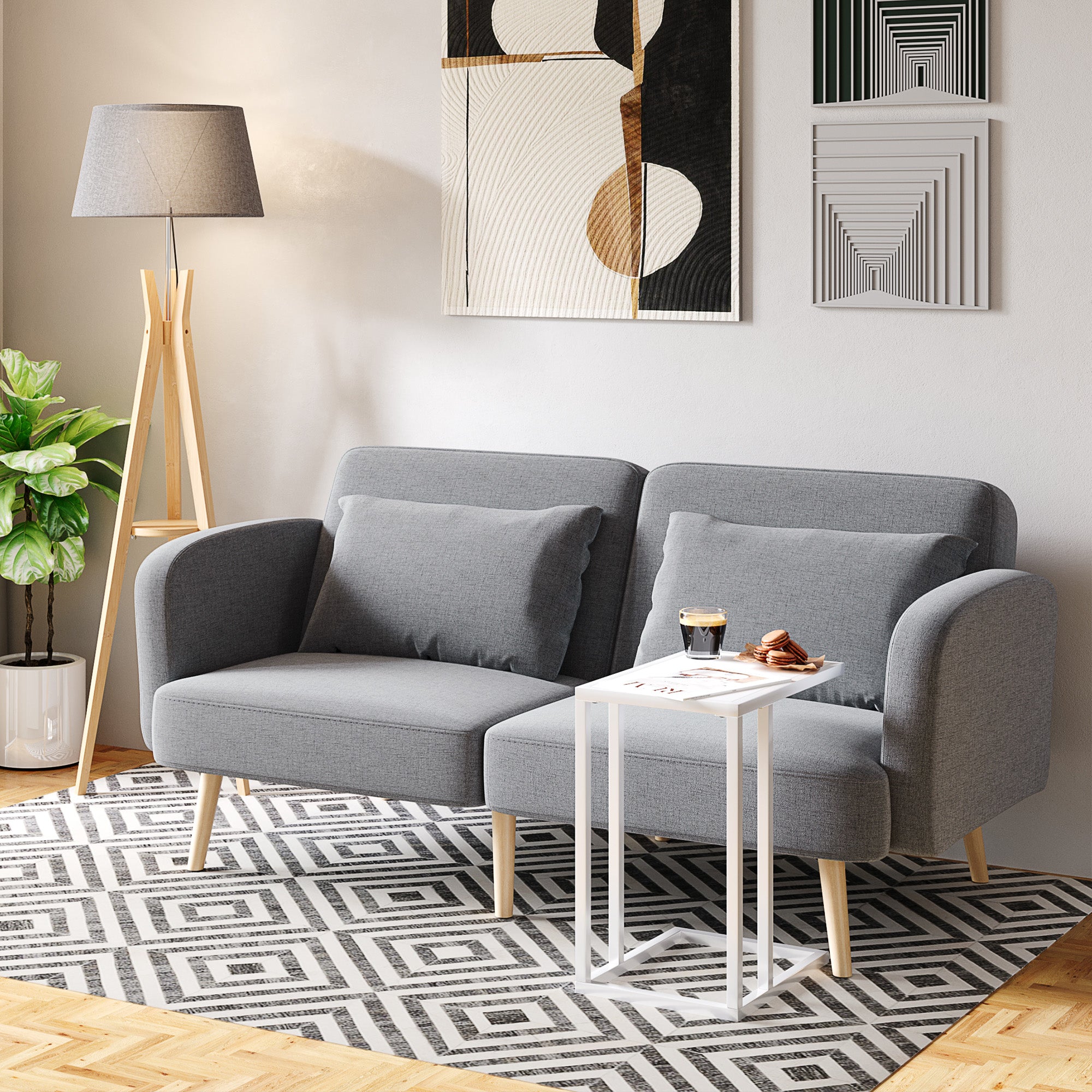 Kozy Natural Wood Tripod Floor Lamp Light E27 Base Bedroom Living Room Fabric Shade Storage Shelf Foot Switch, 156cm, Grey