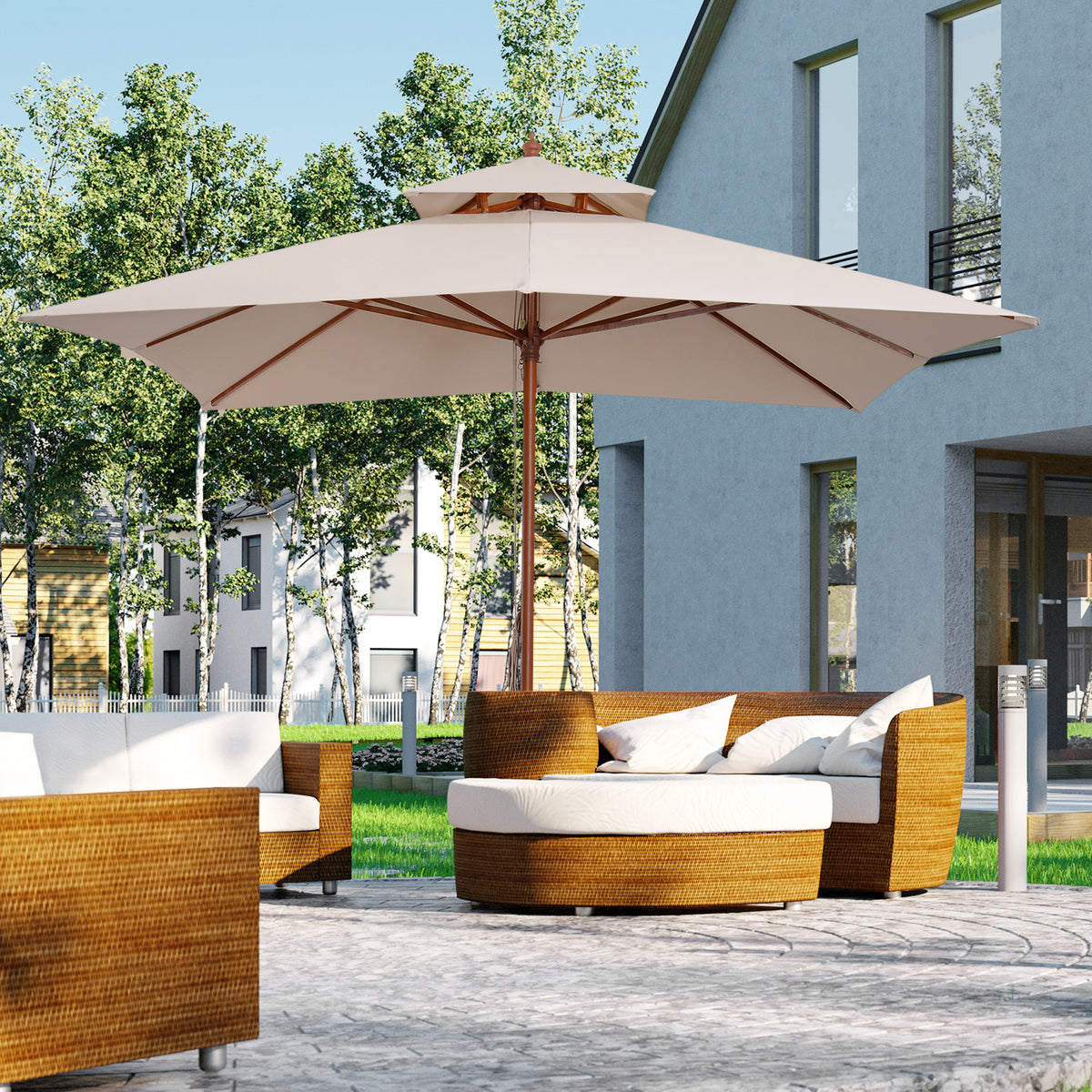 Outsunny Beige Parasol Patio 3x3M Double Tier Garden Sun Umbrella Sunshade Outdoor Wood Wooden Canopy Tier