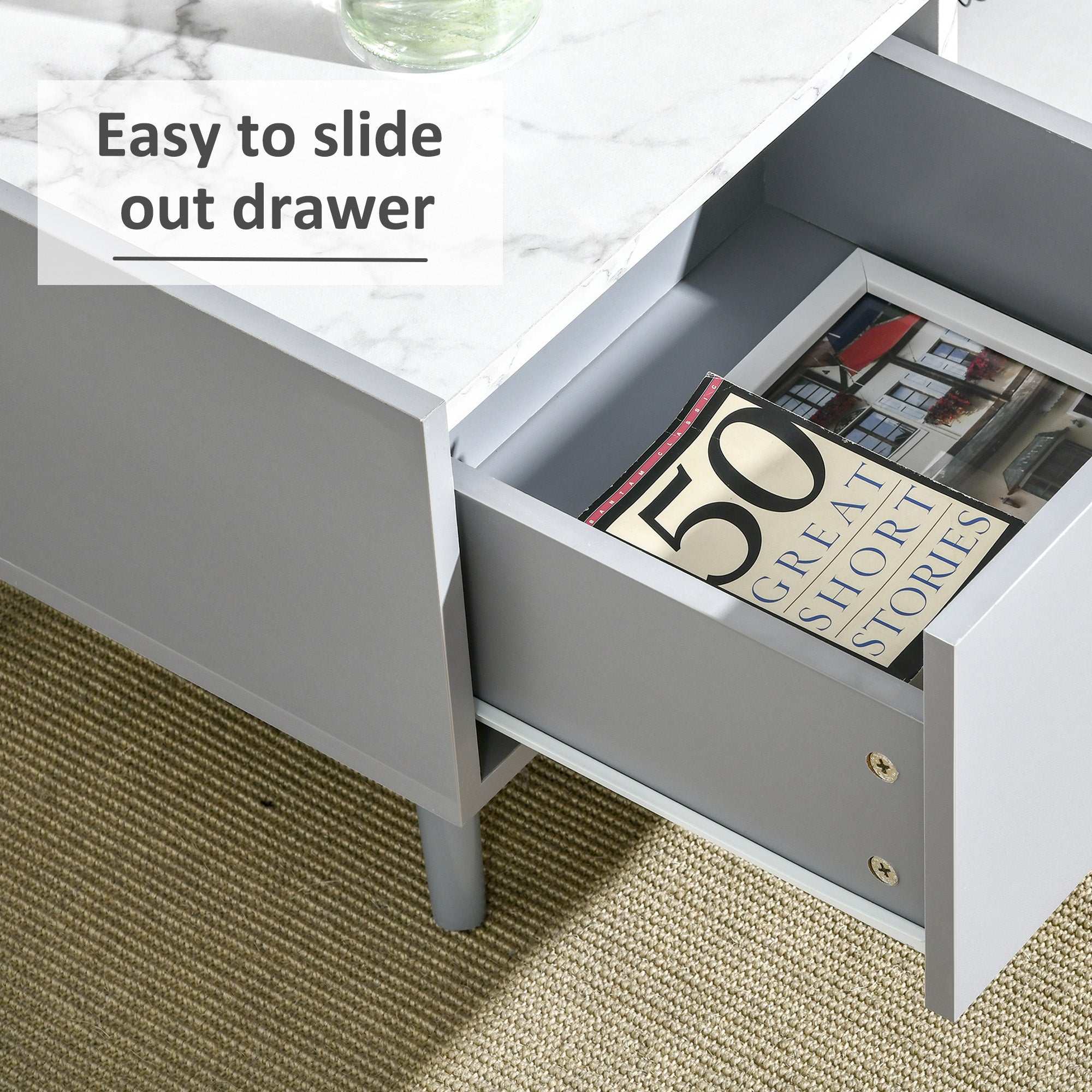 Kozy White Coffee Table with Faux Marble Top, 2-Tier Wood Center Table Sofa Table with Storage Drawer and Shelf for Home Living Room Reception Room