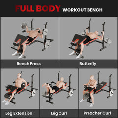 Kozy Adjustable Weight Bench with Leg Extension, Barbell Rack, Preacher Curl Pad, Butterfly, Multi-Function Home Gym Bench for Strength Training, Red