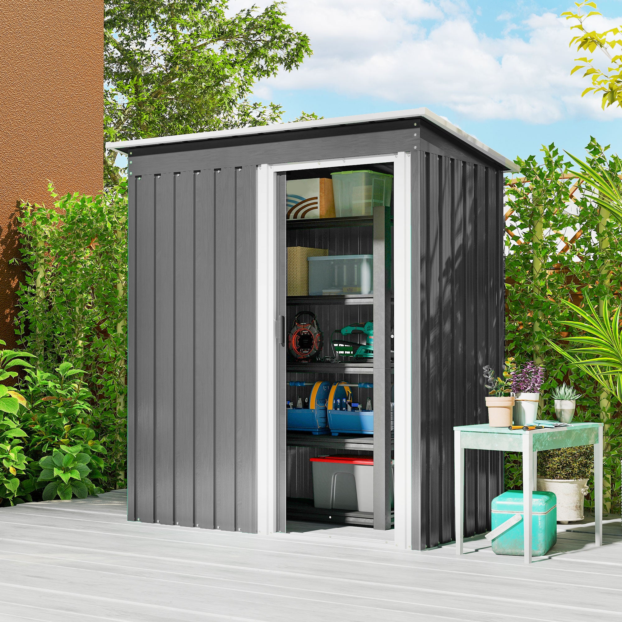 Kozy - 5x3 Storage Shed with Sliding Door and Sloped Roof for Garden, Light Grey