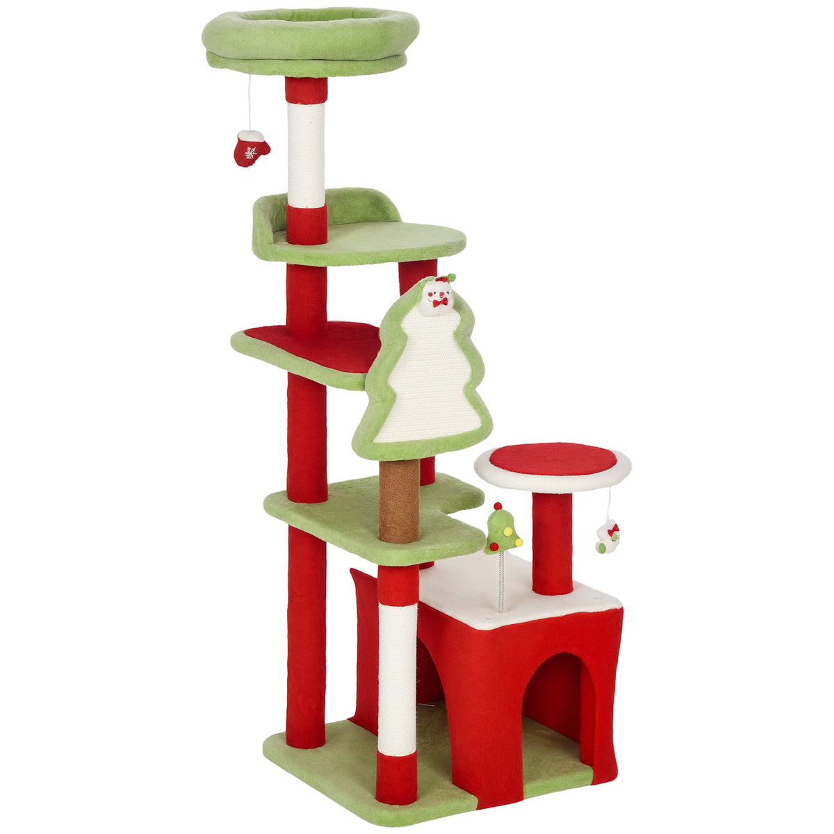 Kozy Cat Tree, 120cm Christmas Cat Tower with 3 Scratching Posts, Scratching Board, 2 Perches, Platforms, Toys, Green