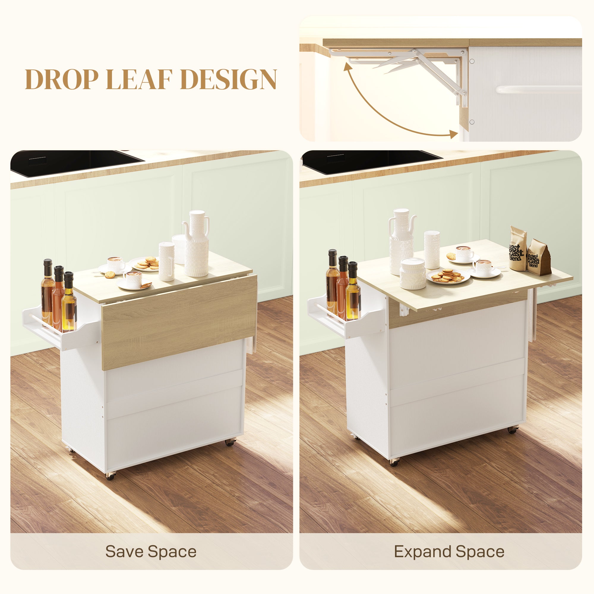 Kozy - Rolling Kitchen Island with Drop Leaf, Kitchen Storage Cart with Drawer, Spice Rack and Towel Rack, White