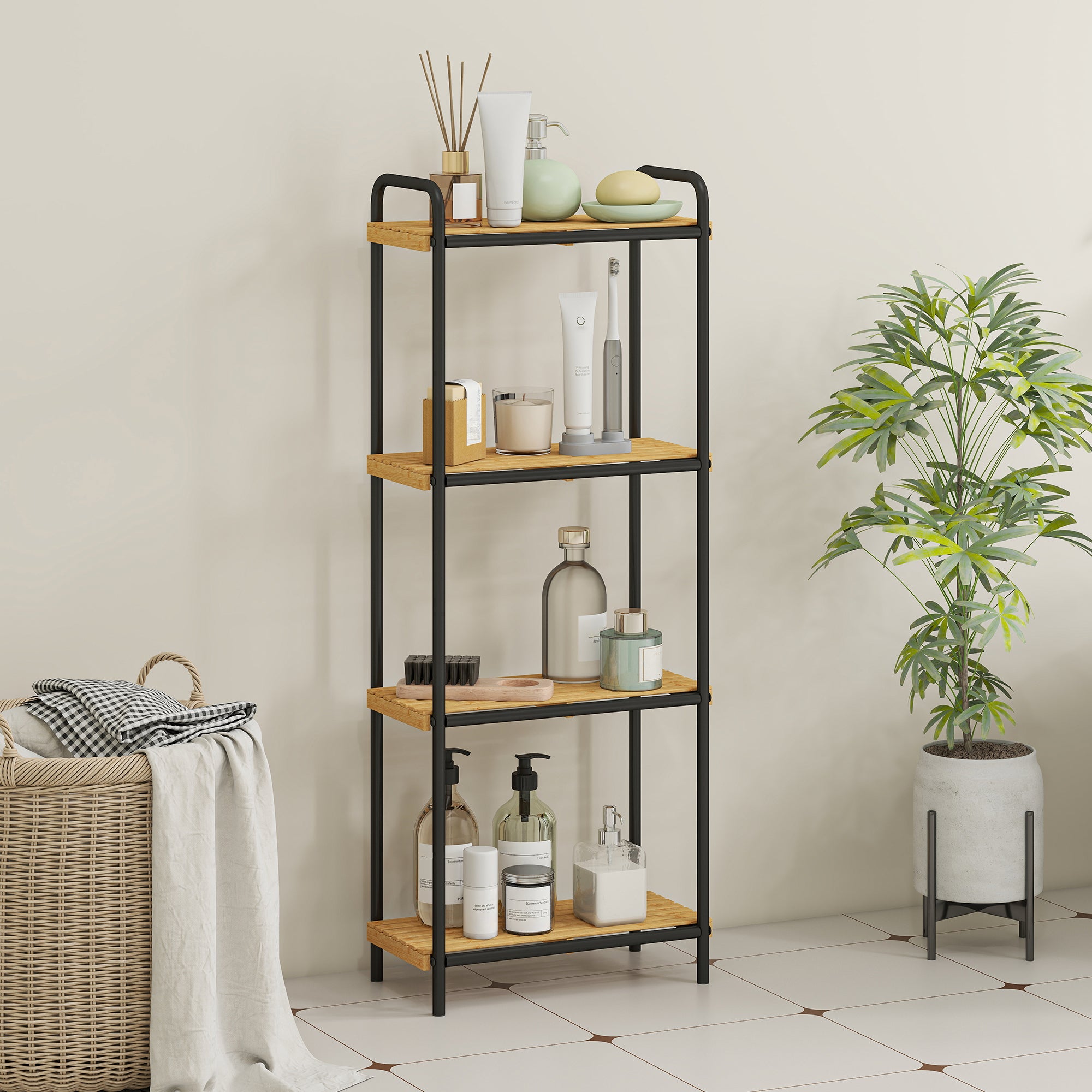 Kozy - 4-Tier Bamboo Bathroom Storage Shelf, Freestanding Narrow Shelving Unit with Slatted Shelves for Kitchen Bathroom Living Room, 41.5 x 21.5 x 106 cm, Natural and Black