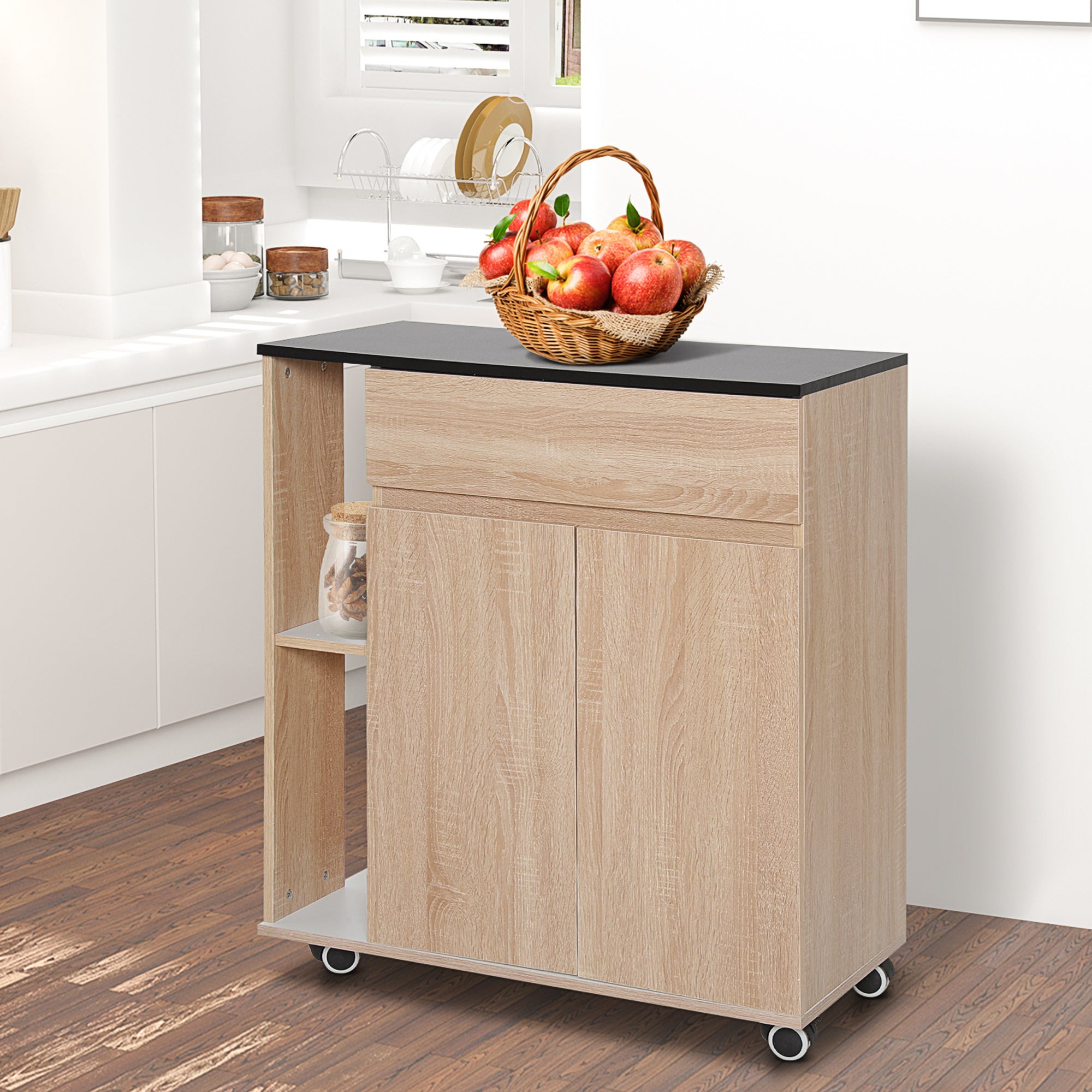 Kozy Kitchen Storage Trolley Cart Cupboard Rolling Island Shelves Cabinet With Door and Drawer Locking Wheels