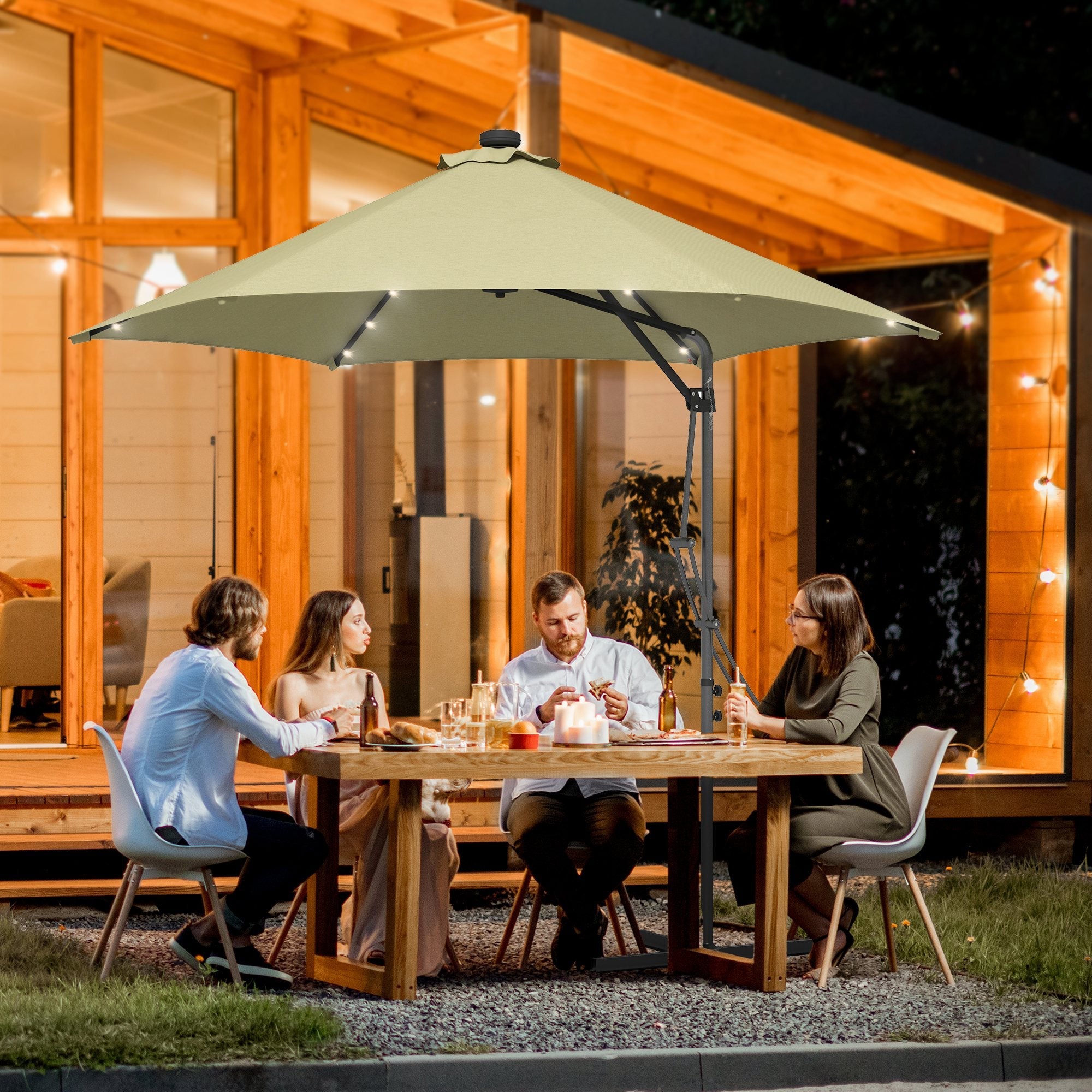 Outsunny Waterproof 3(m) Garden Parasol Cantilever Umbrella with Solar LED, Cross Base and Waterproof Cover, Beige | Aosom UK