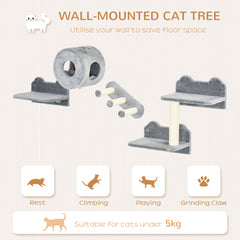 Kozy - 4PCs Wall-Mounted Cat Tree, with Steps, Perch, Cat House - Grey