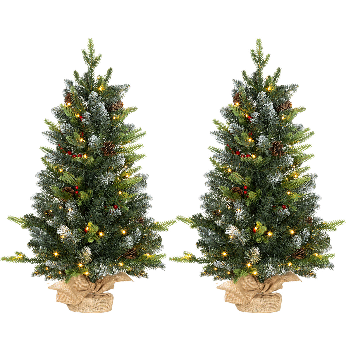 Kozy - Set of Two 3ft Christmas Trees, with Lights, Berries and Pinecones