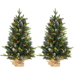 Kozy - Set of Two 3ft Christmas Trees, with Lights, Berries and Pinecones