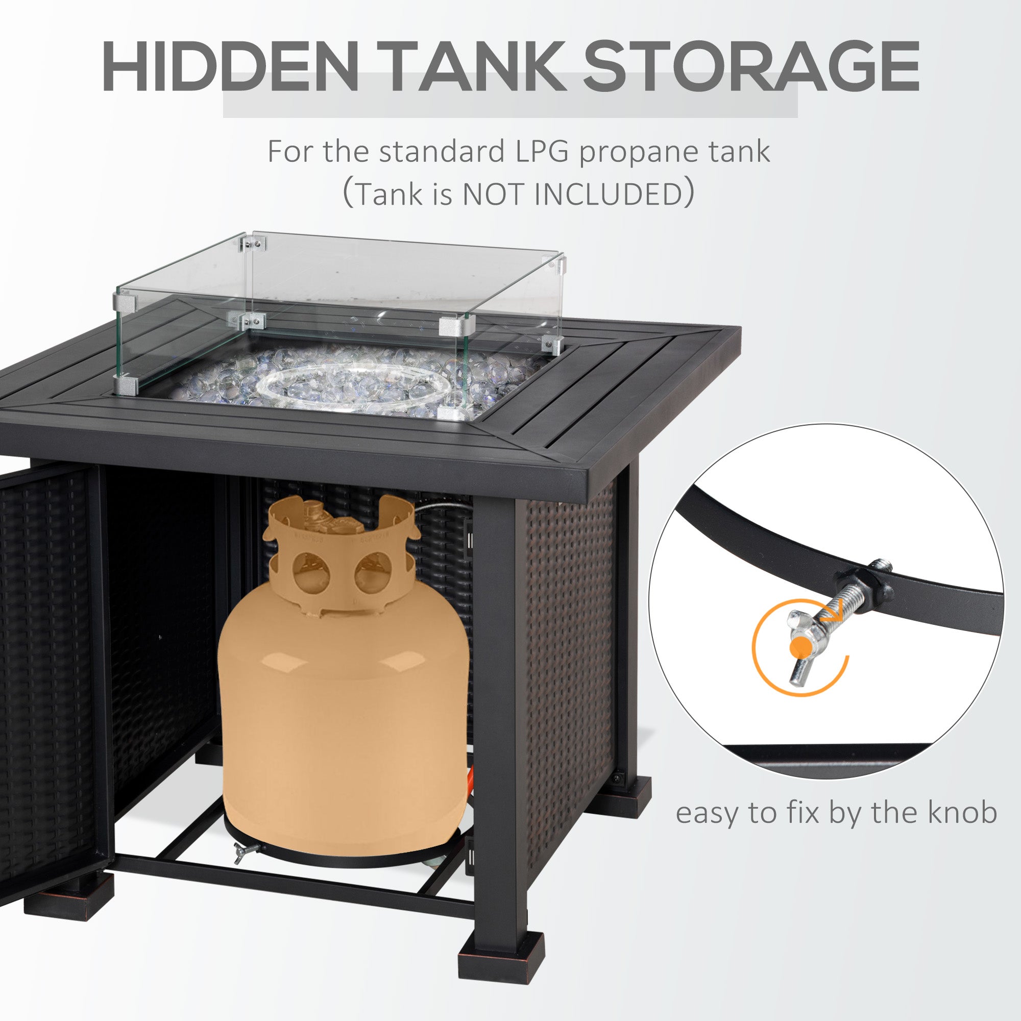 Kozy Square Propane Gas Fire Pit Table, 50000 BTU Rattan Smokeless Firepit Patio Heater with Glass Screen, Glass Beads and Lid, 81cm x 81cm x 64cm, Black