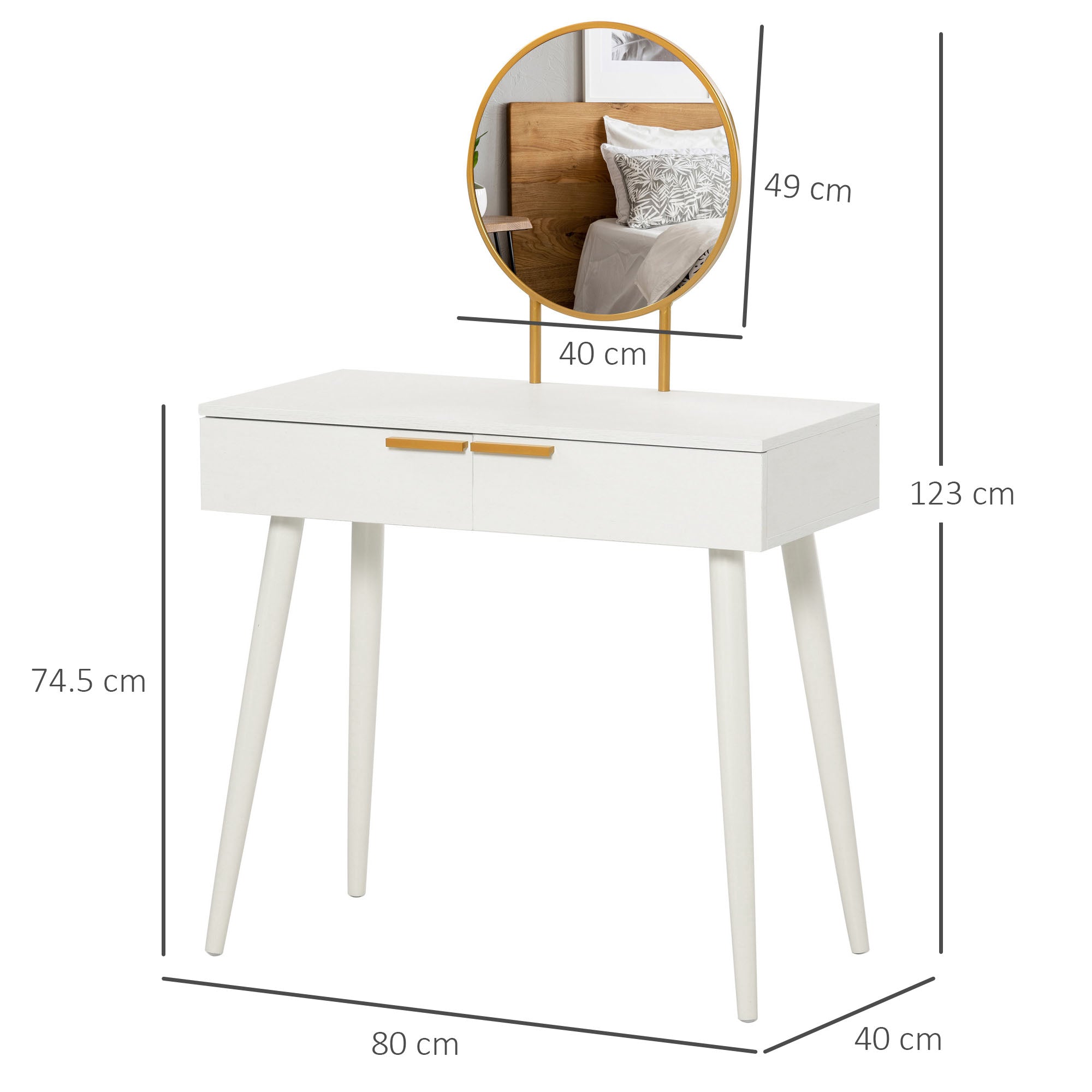 Kozy Elegant Dressing Table, with Round Mirror, 80 x 40 x 123 cm - White