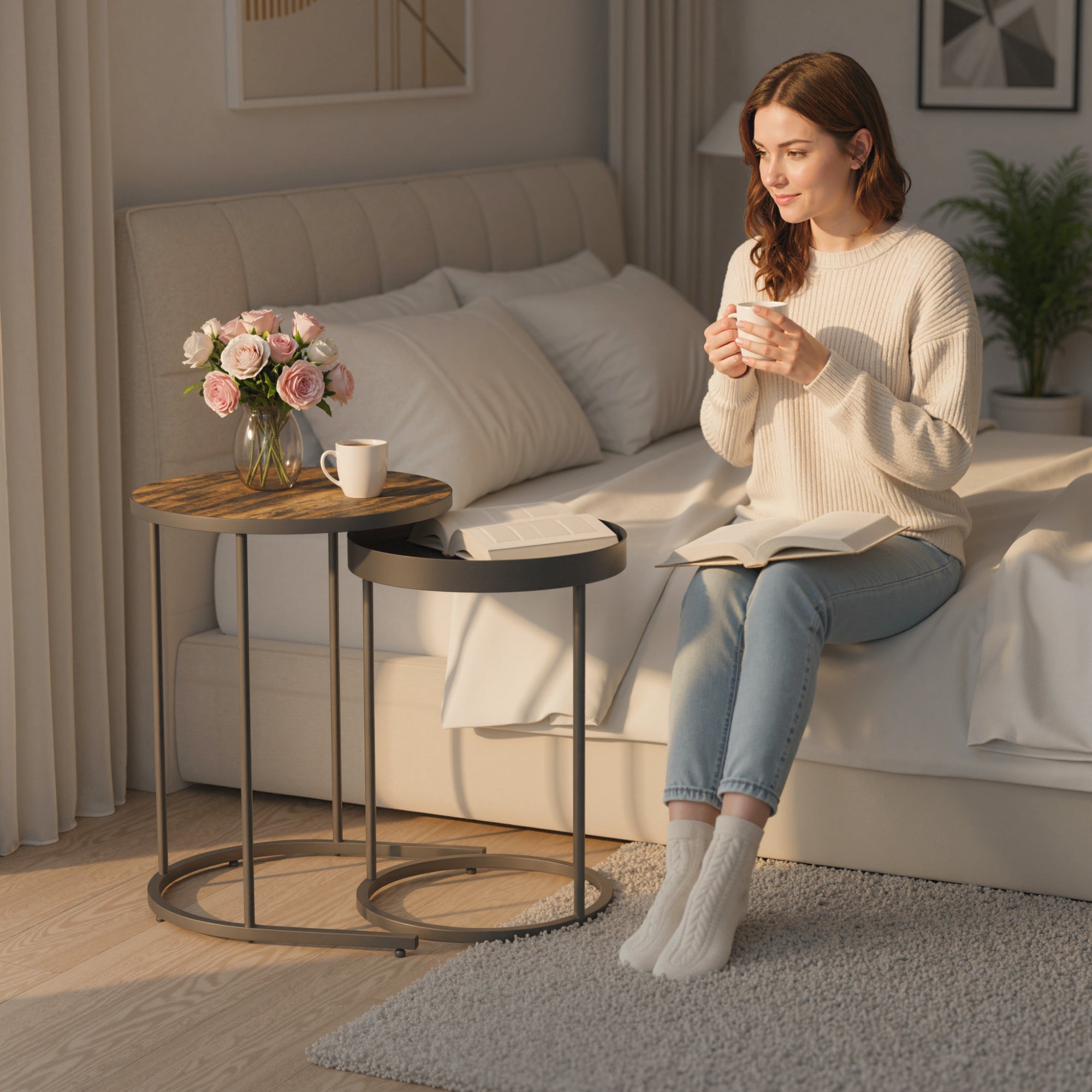 Kozy Round Nesting Side Table Set of 2 - Rustic Brown